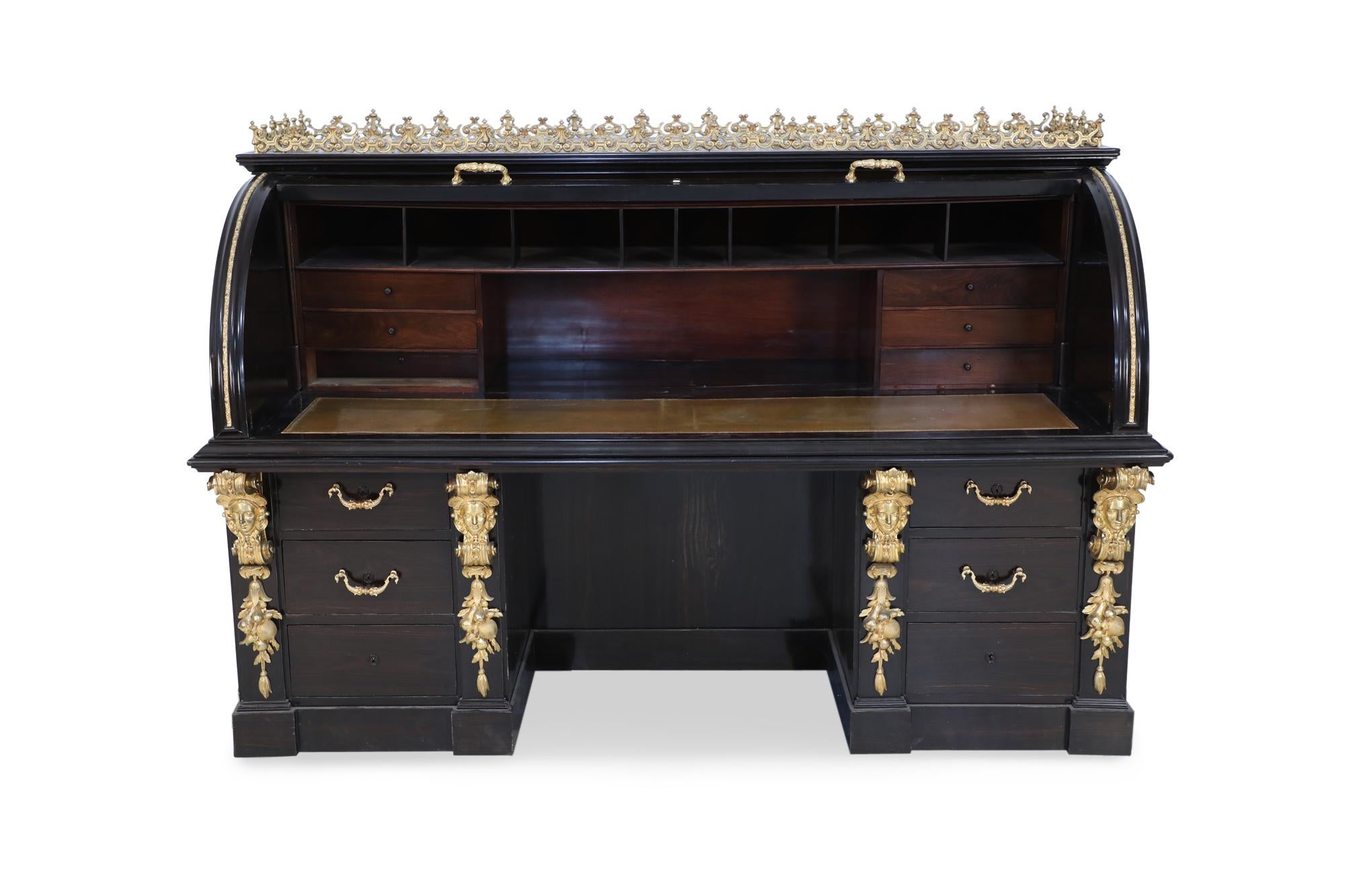 19th Century Empire Style English Roll Top Desk with Bronze Mounts For Sale 4