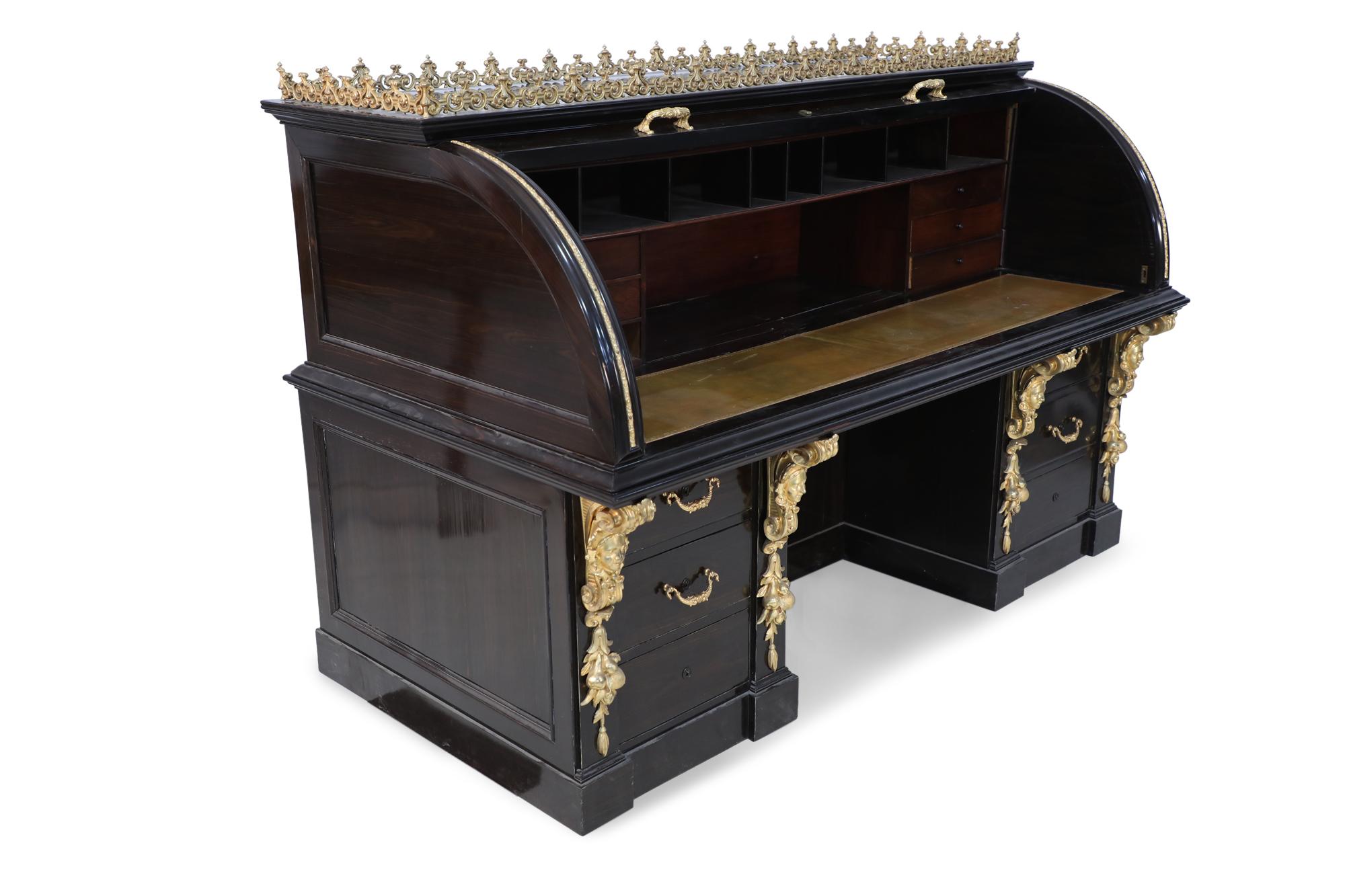 19th Century Empire Style English Roll Top Desk with Bronze Mounts For Sale 3