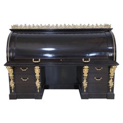 19th Century Empire Style English Roll Top Desk with Bronze Mounts