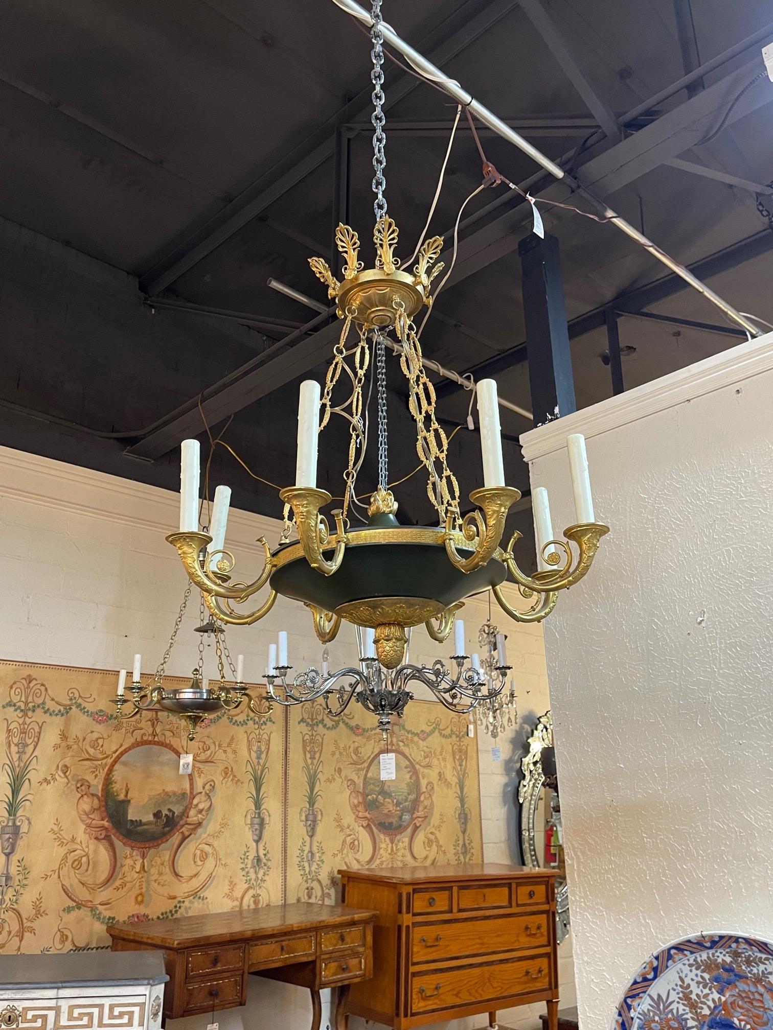 Handsome 19th century Empire style gilt bronze 8 light chandelier. Beautiful decorative details on the bronze. A classic style and very fine quality!!