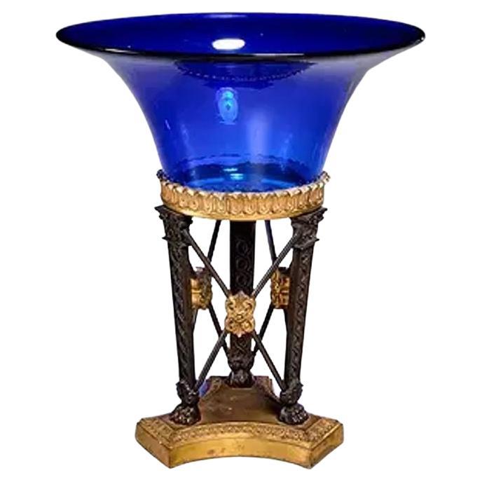 19th Century Empire Style Gilt Bronze and Cobalt Glass Compote For Sale