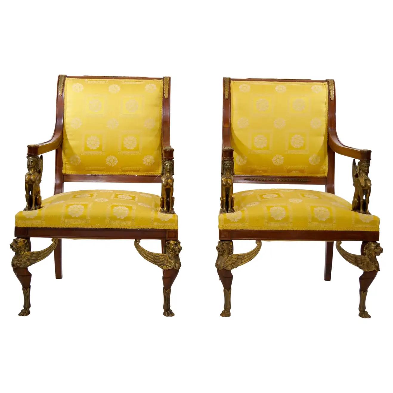 19th Century Empire Style Gilt Bronze Mounted Pair Armchair For Sale 11