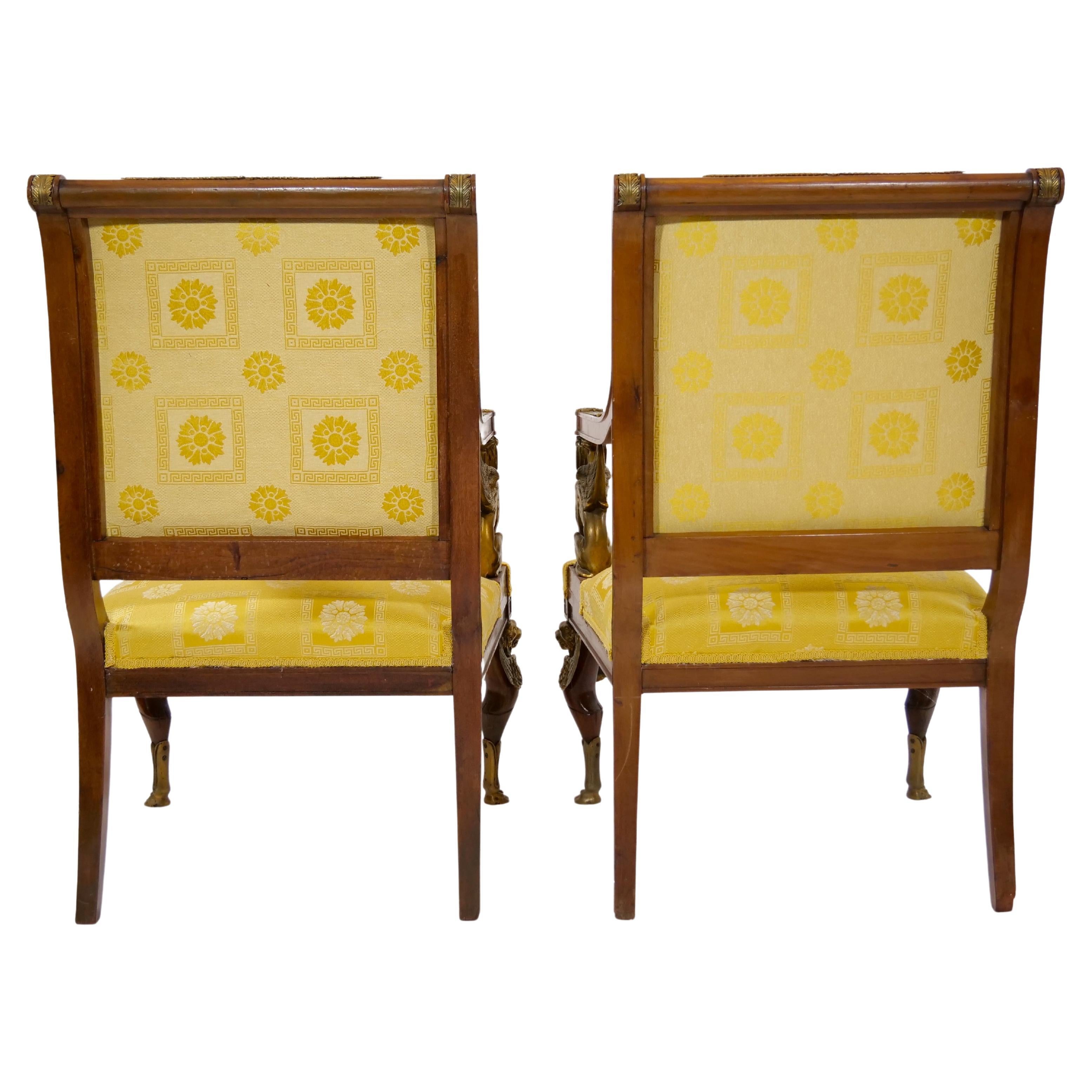 Hand-Carved 19th Century Empire Style Gilt Bronze Mounted Pair Armchair For Sale