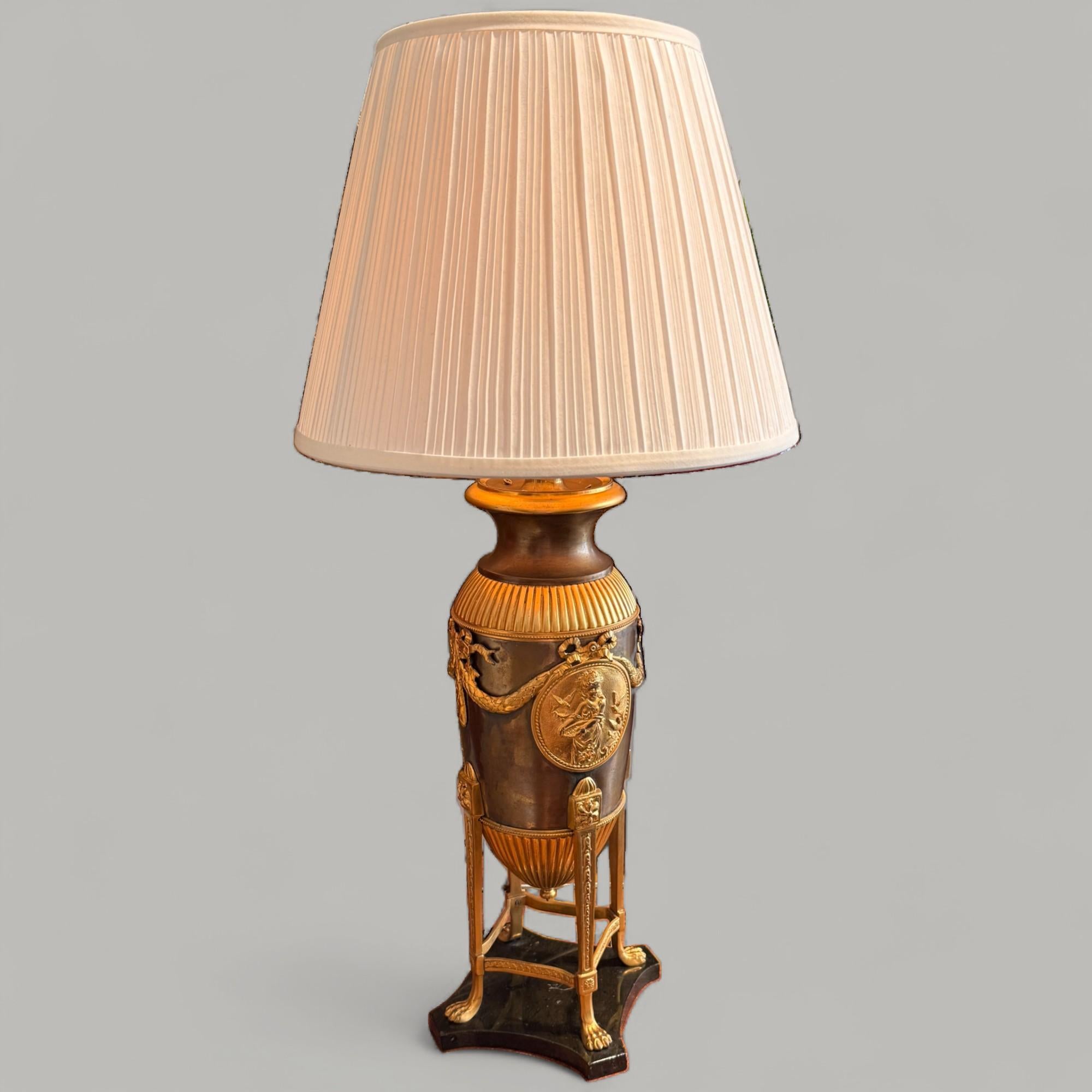 Bronzed Empire-Style Lamp in Gilt Bronze and Brown Patina with Marble Base, 19th Century For Sale