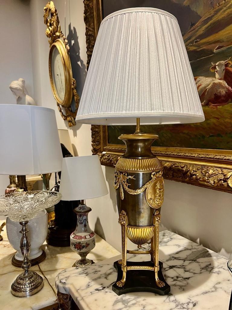 19th Century 19th-Century Empire-Style Lamp in Gilt Bronze and Brown Patina with Marble Base For Sale