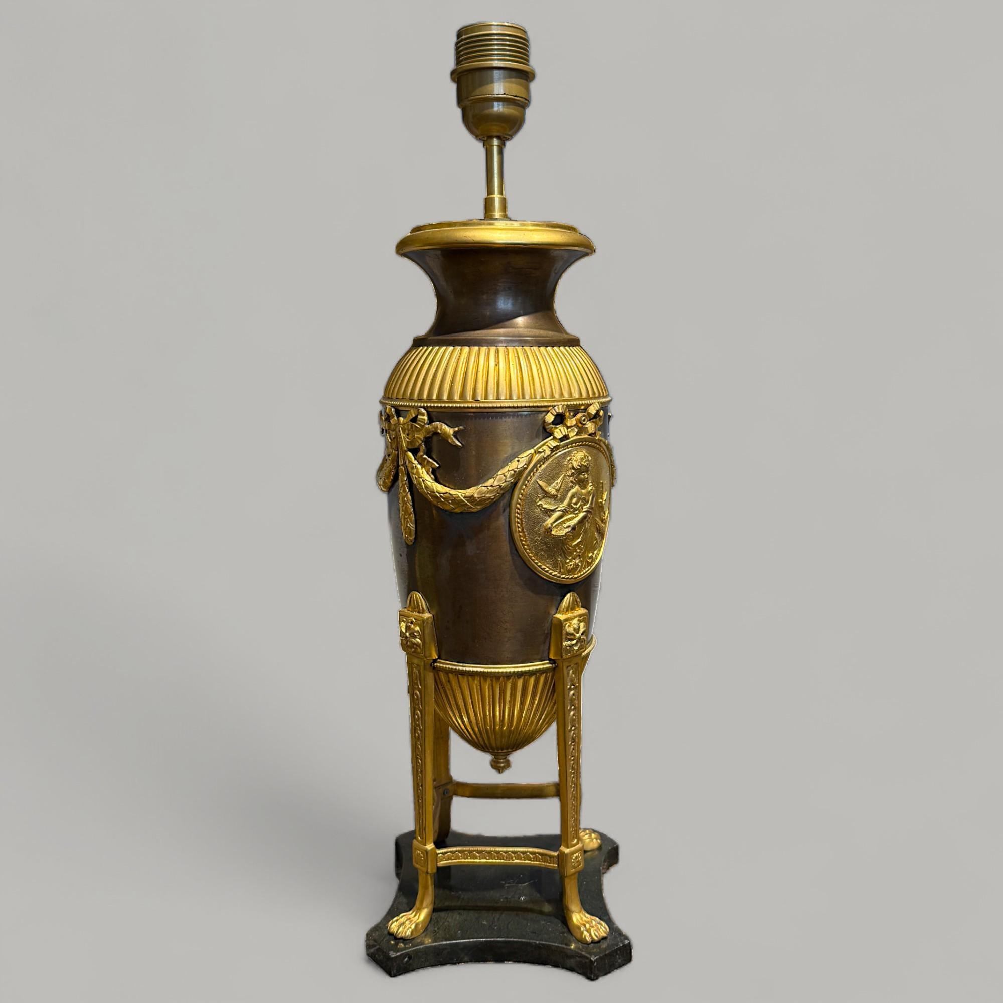 Empire-Style Lamp in Gilt Bronze and Brown Patina with Marble Base, 19th Century For Sale 1