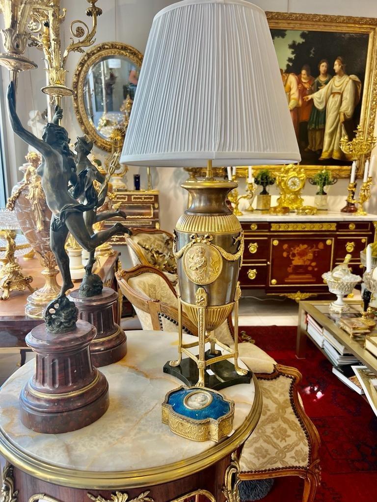 19th-Century Empire-Style Lamp in Gilt Bronze and Brown Patina with Marble Base For Sale 1