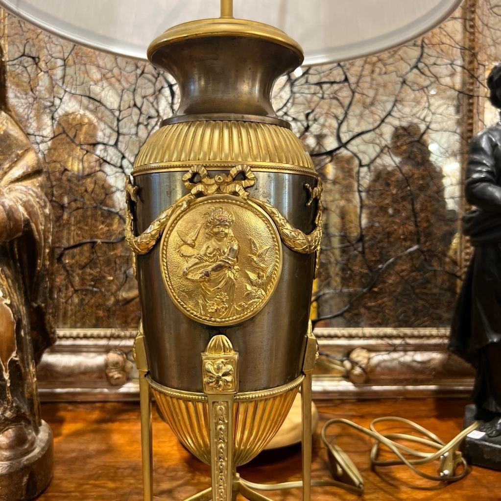 19th-Century Empire-Style Lamp in Gilt Bronze and Brown Patina with Marble Base For Sale 2