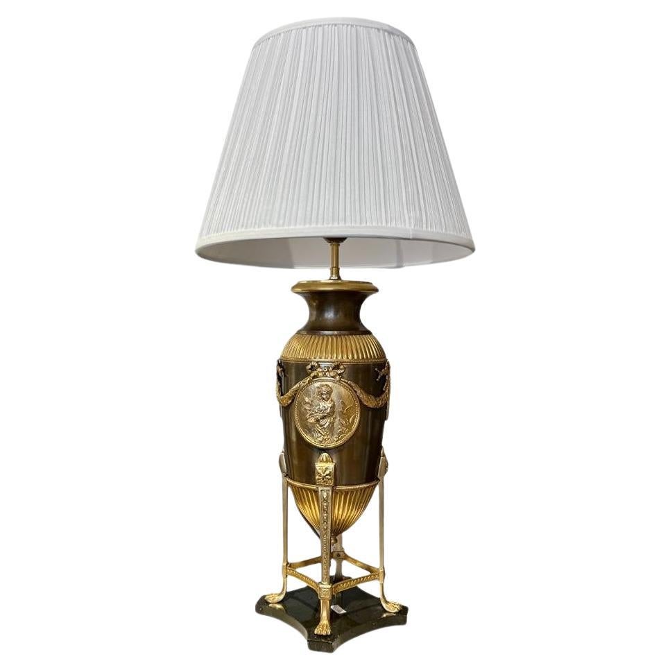 19th-Century Empire-Style Lamp in Gilt Bronze and Brown Patina with Marble Base