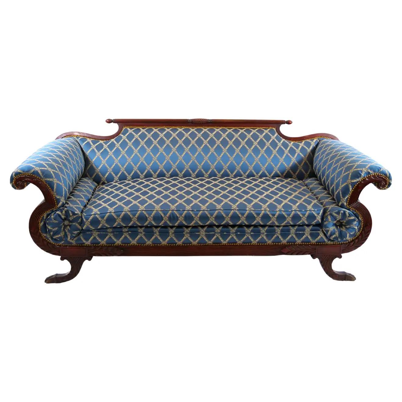 Upholstery 19th Century Empire Style Mahogany Framed Upholstered Sofa For Sale