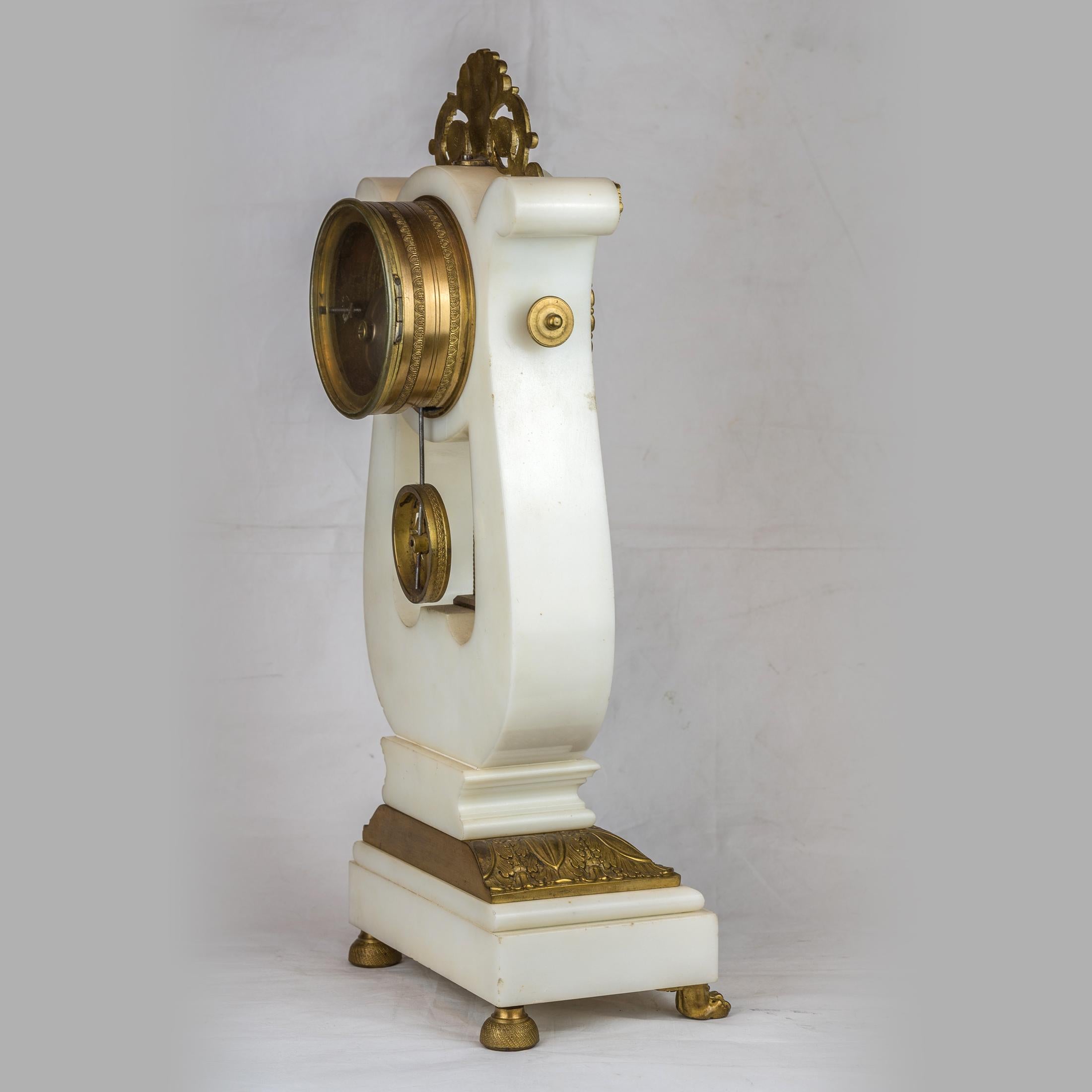 Gilt 19th Century Empire Style Ormolu and White Marble Lyre Clock 