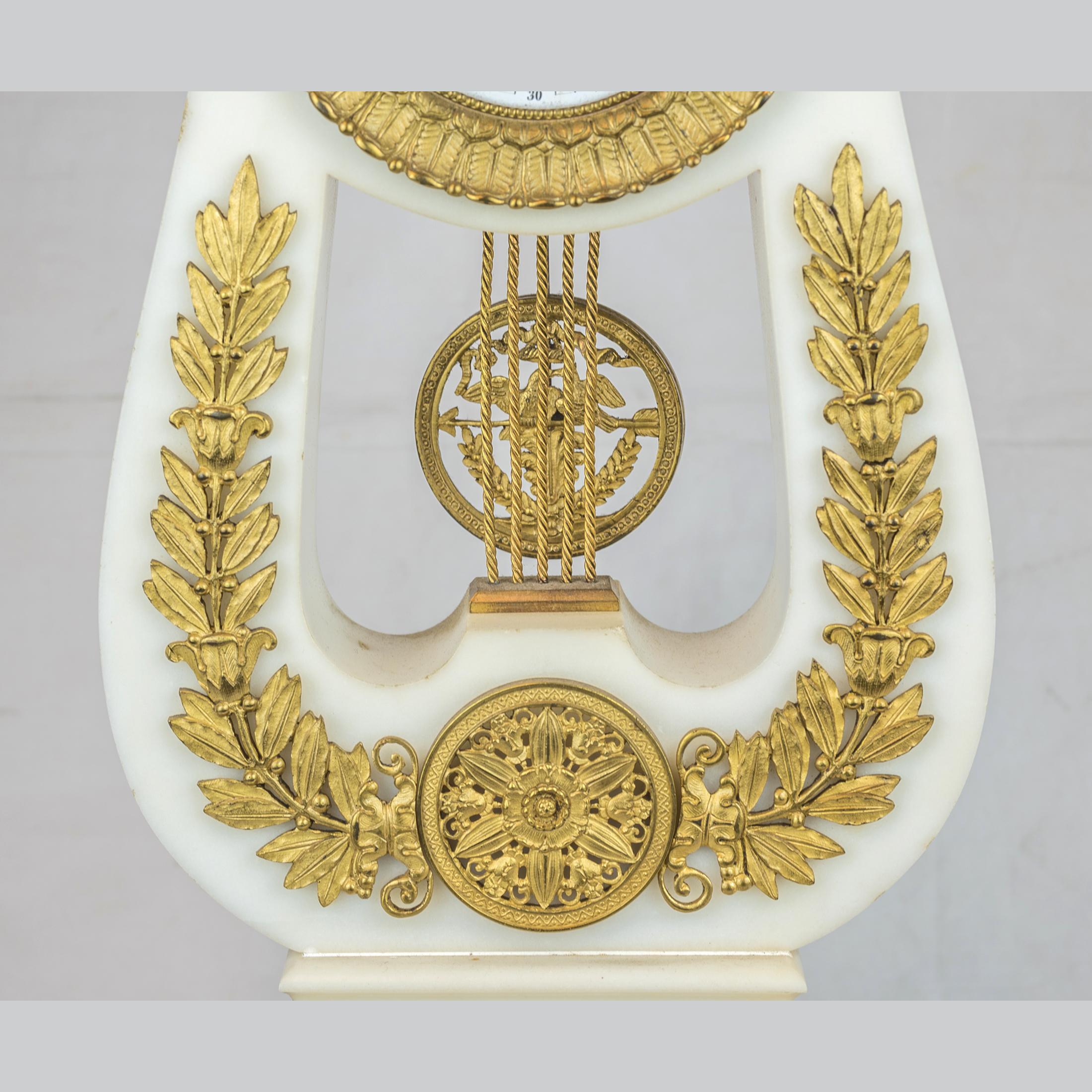 French 19th Century Empire Style Ormolu and White Marble Lyre Clock