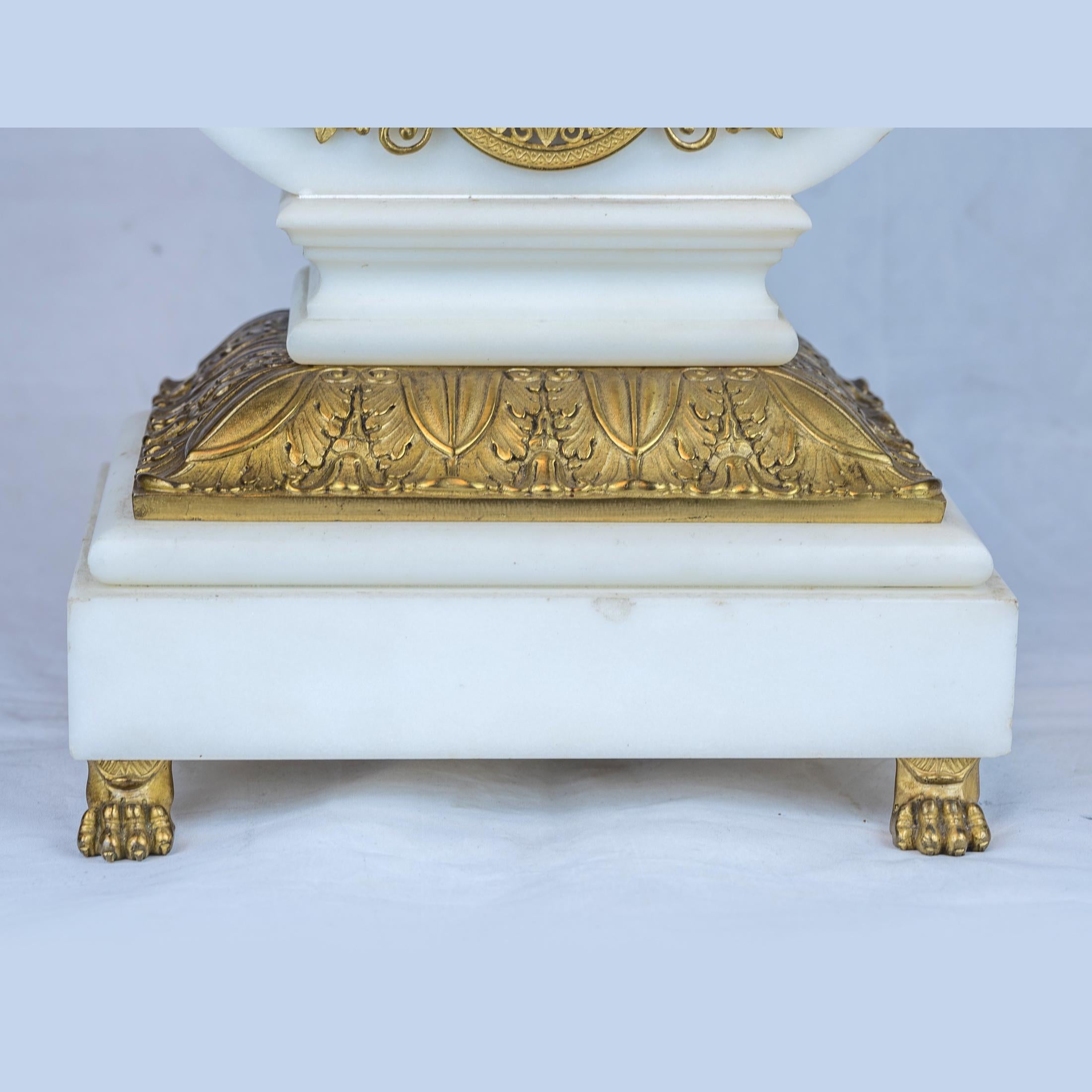 19th Century Empire Style Ormolu and White Marble Lyre Clock 1