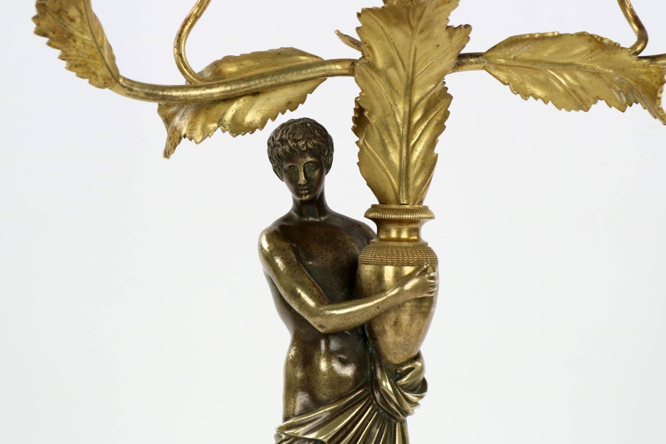 European 19th Century Empire Style Pair of Bronze & Malachite Antique Figural Candelabra