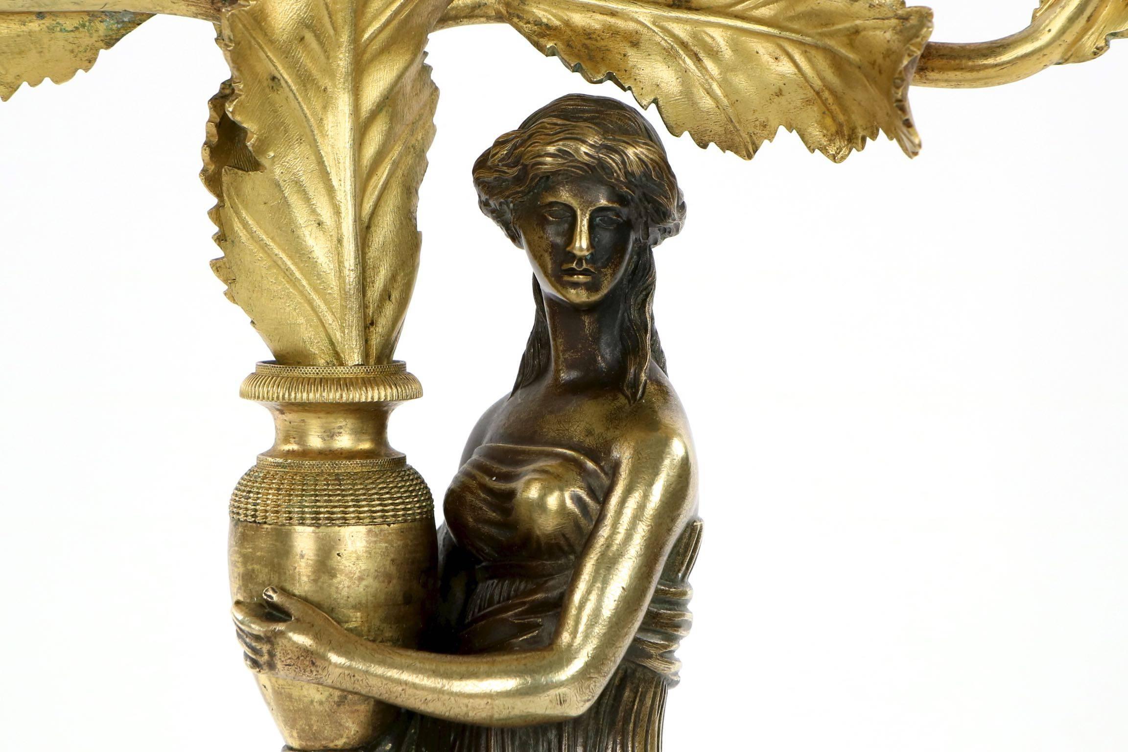 Gilt 19th Century Empire Style Pair of Bronze & Malachite Antique Figural Candelabra
