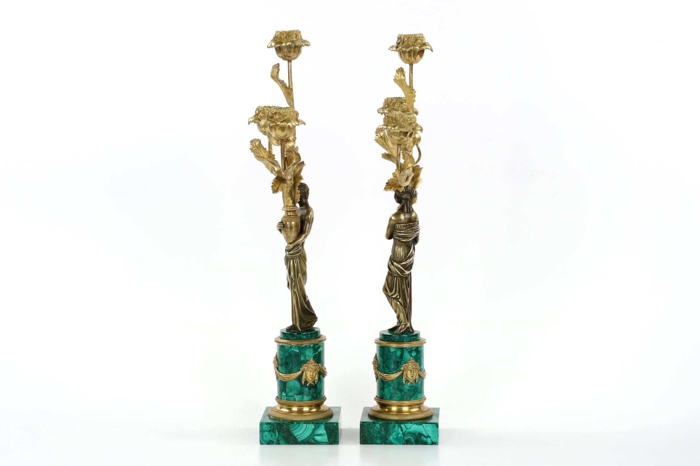 19th Century Empire Style Pair of Bronze & Malachite Antique Figural Candelabra In Good Condition In Shippensburg, PA