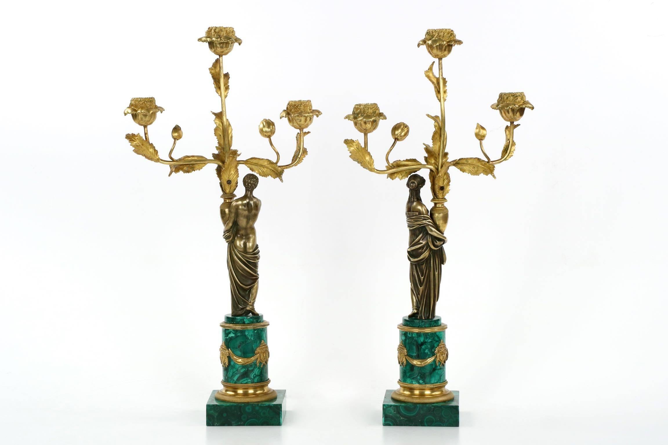 19th Century Empire Style Pair of Bronze & Malachite Antique Figural Candelabra 1