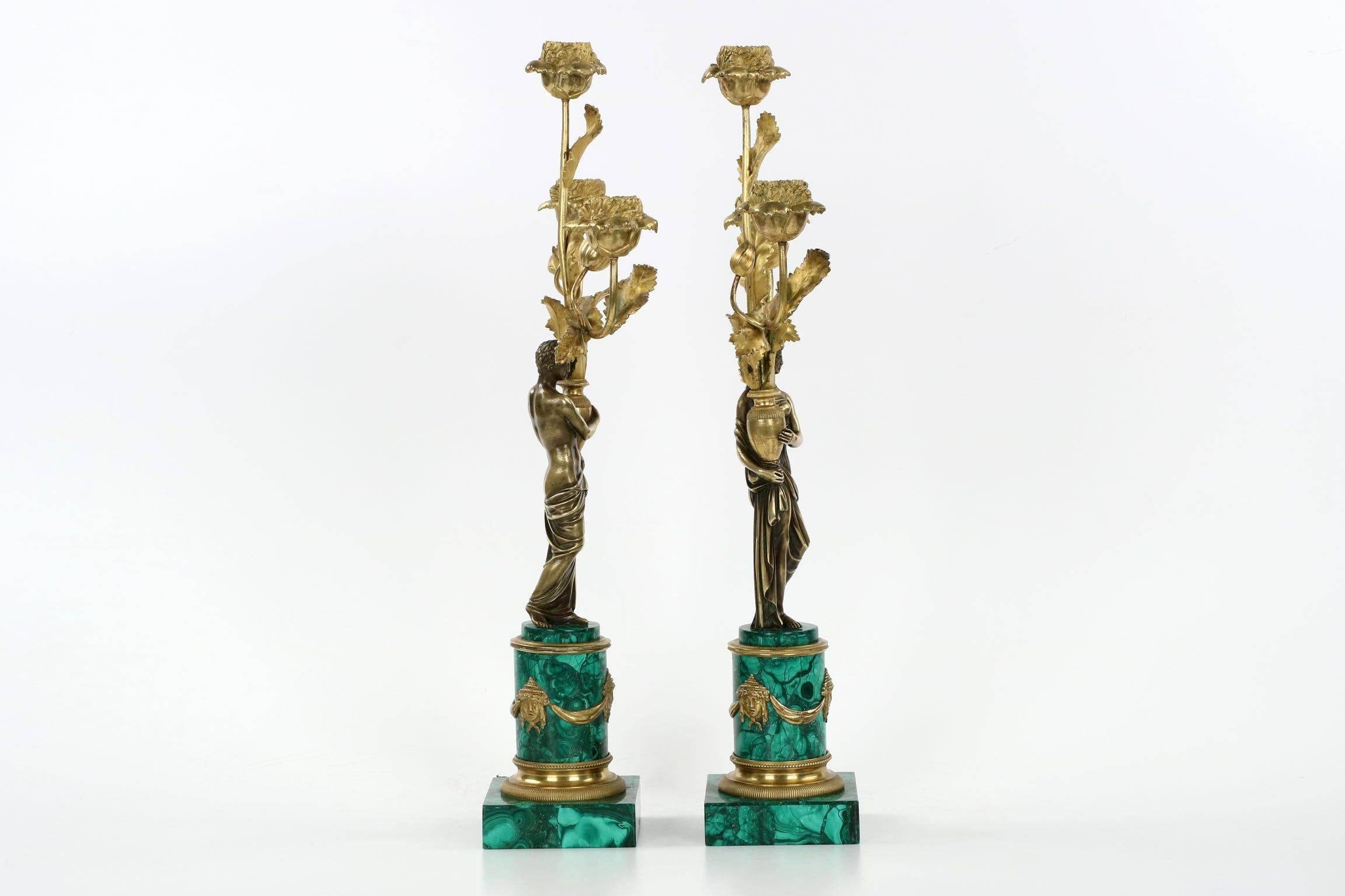 19th Century Empire Style Pair of Bronze & Malachite Antique Figural Candelabra 2
