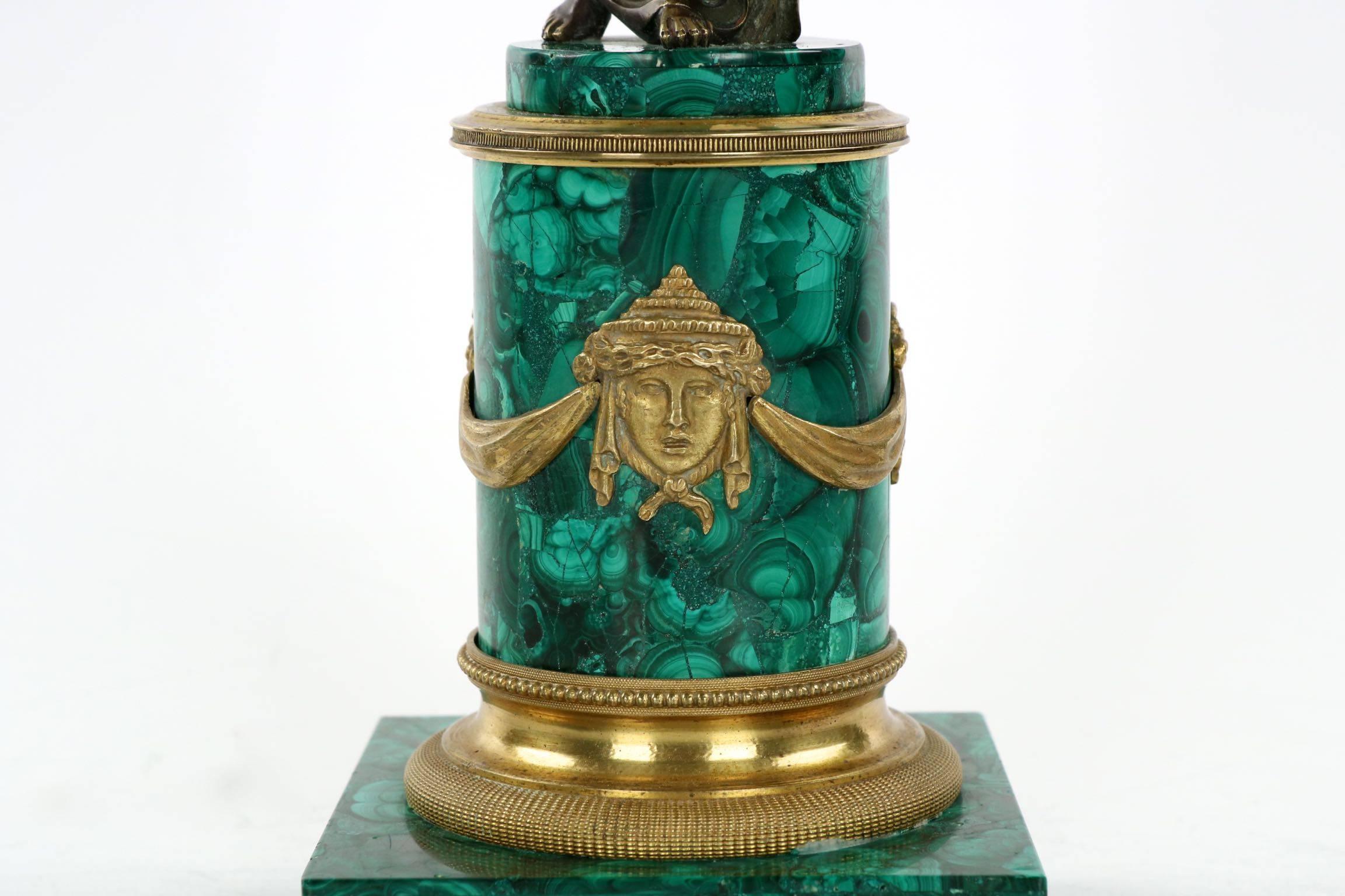 19th Century Empire Style Pair of Bronze & Malachite Antique Figural Candelabra 4
