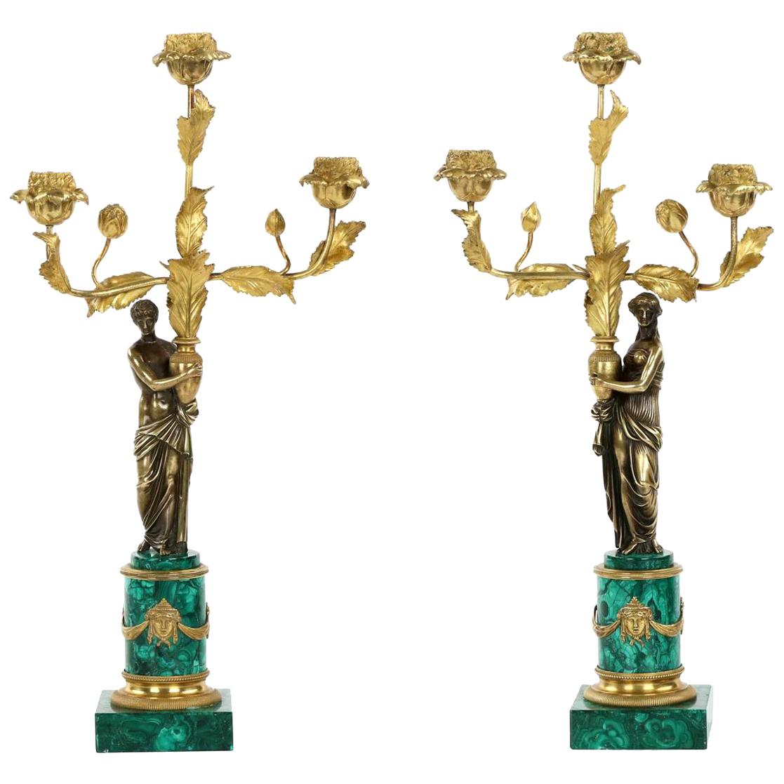 19th Century Empire Style Pair of Bronze & Malachite Antique Figural Candelabra