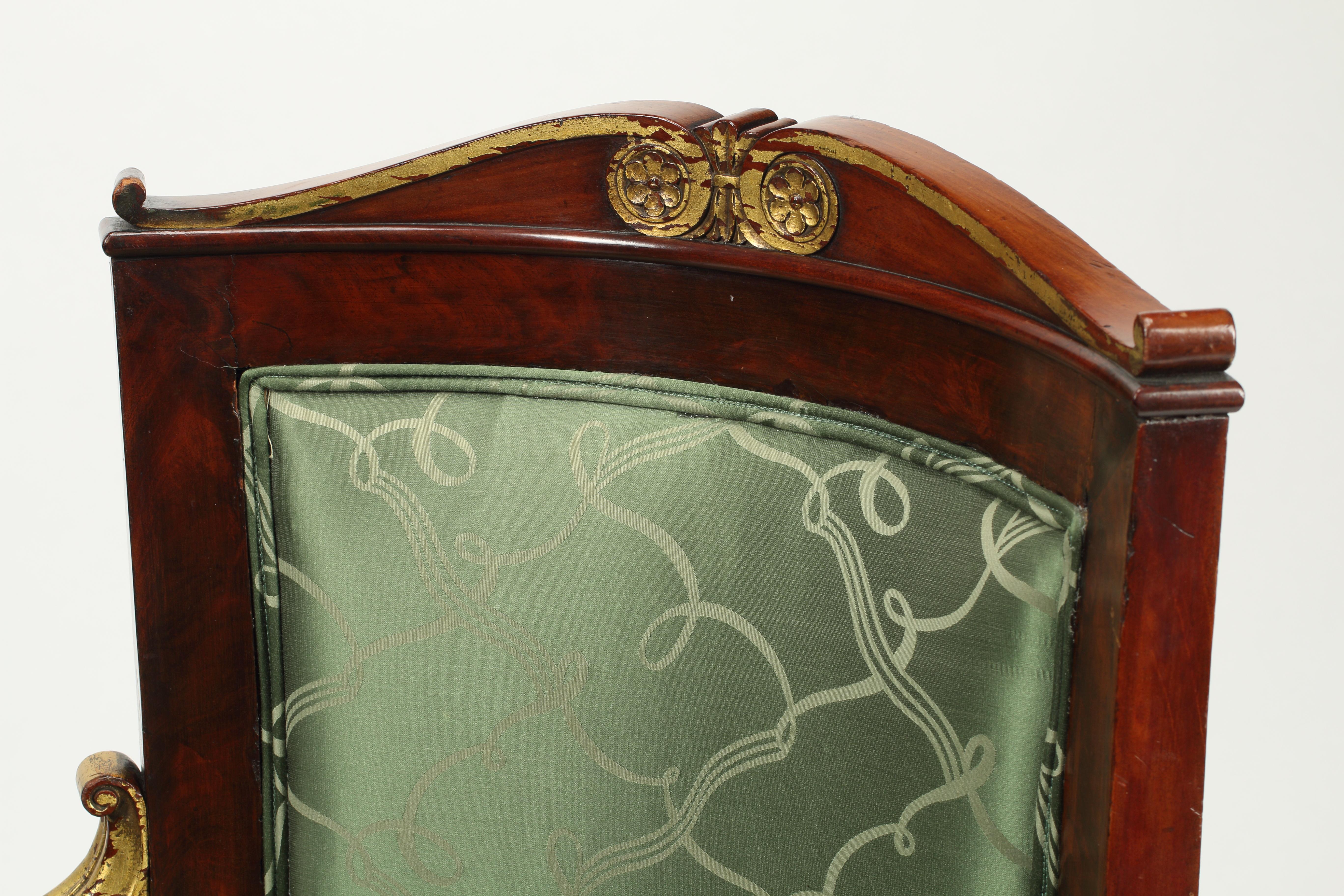 Upholstery 19th Century Empire Style Parcel Gilt Mahogany Armchair For Sale