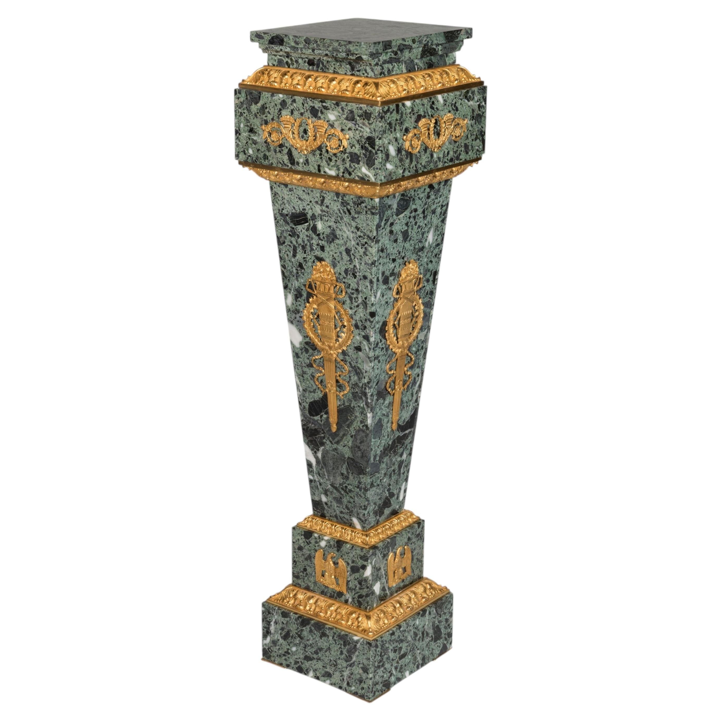 19th Century Empire Style Verde Antico Marble Pedestal With Gilt Bronze Mounts