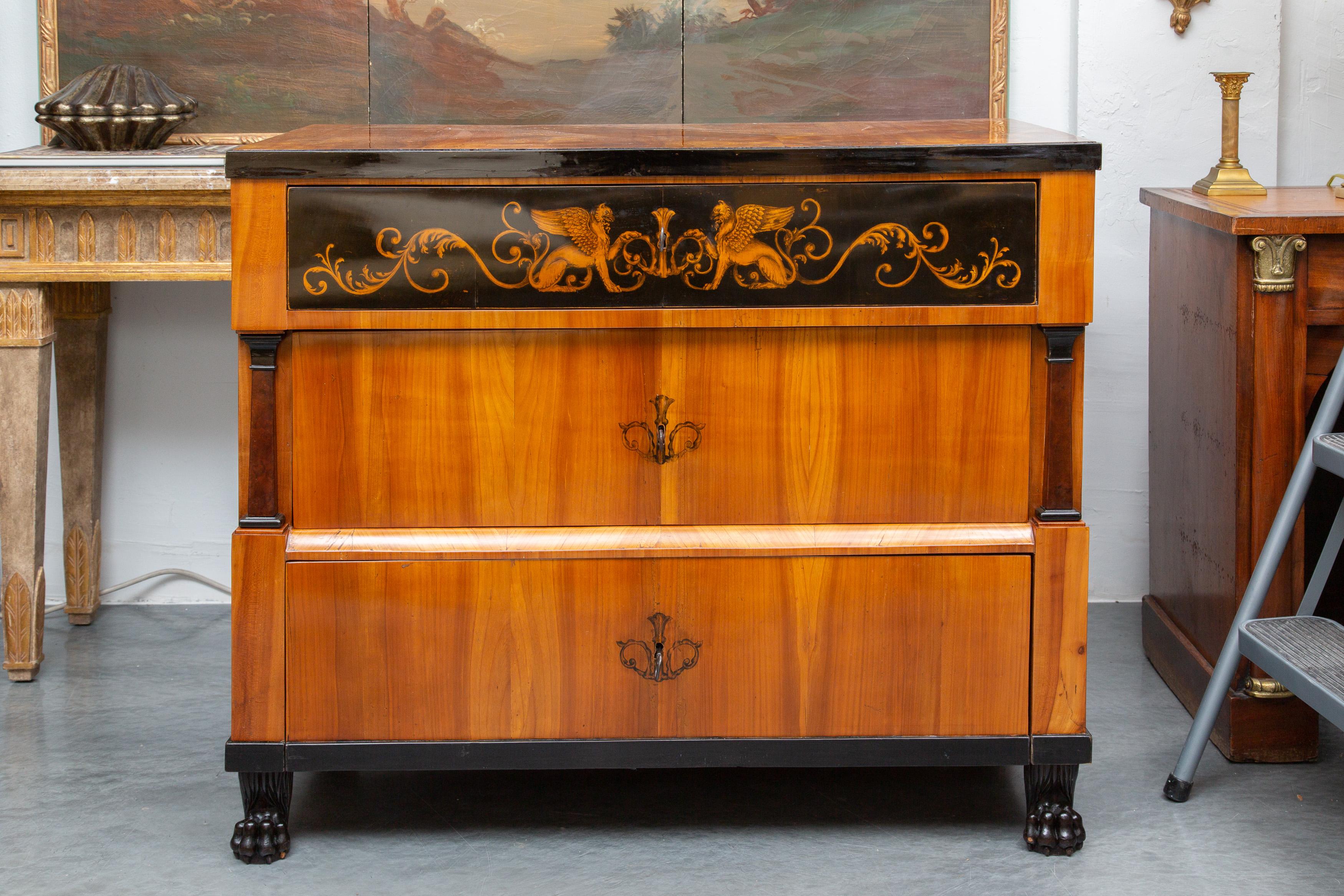 This is a transitional Empire-Biedermeier satinwood and ebonized commode. This unusual blend of design elements offers a unique home furnishing. Mid 19th century.