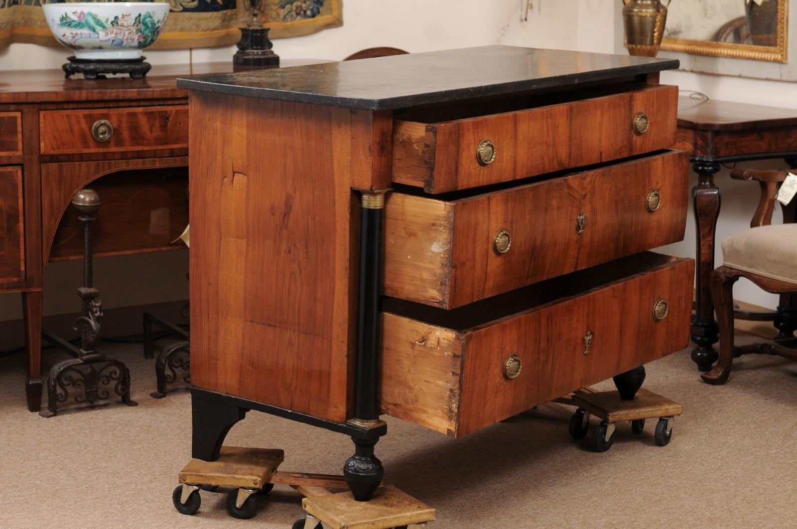 19th Century Empire Walnut Commode with Ebonized Columns & Black Marble Top 1