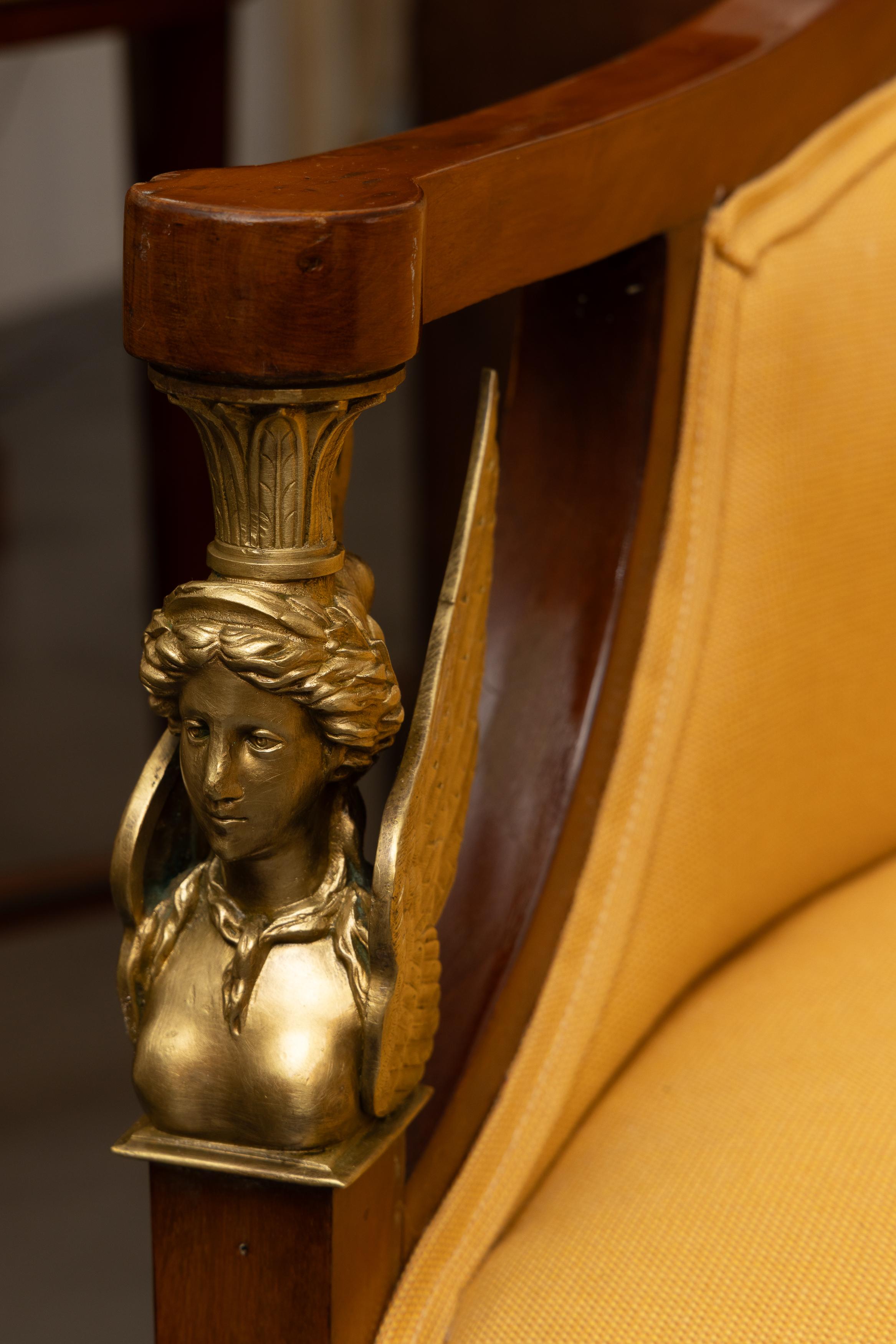 Brass 19th Century Empire Walnut Upholstered Settee For Sale