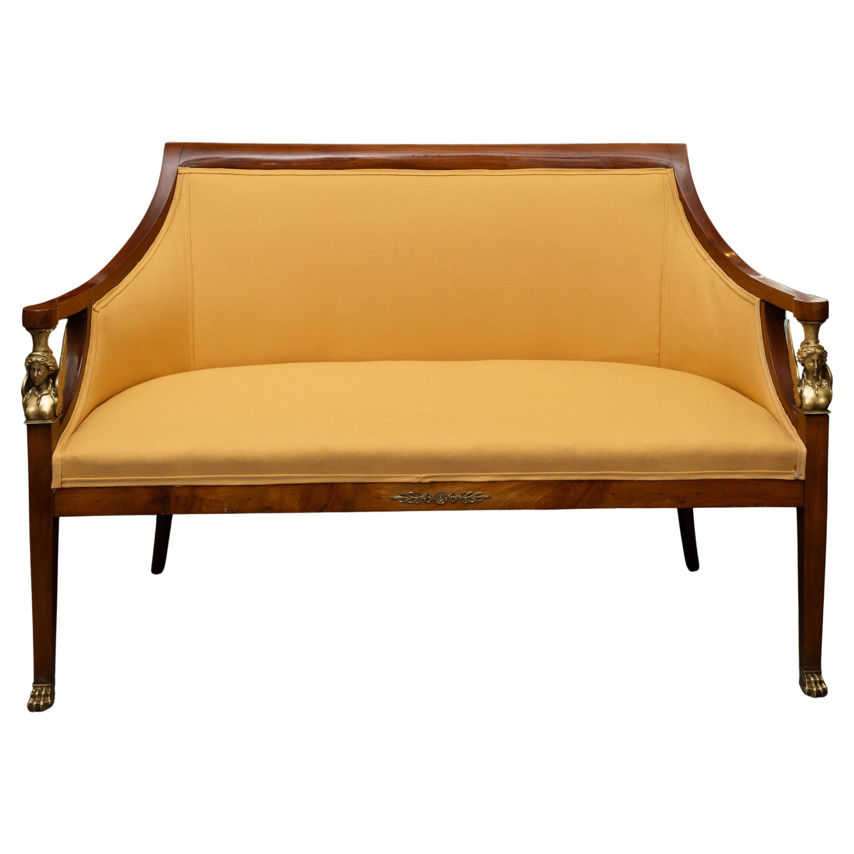 19th Century Empire Walnut Upholstered Settee
