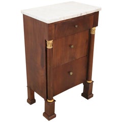 19th Century Empire Walnut Wood Antique Nightstand with White Marble Top