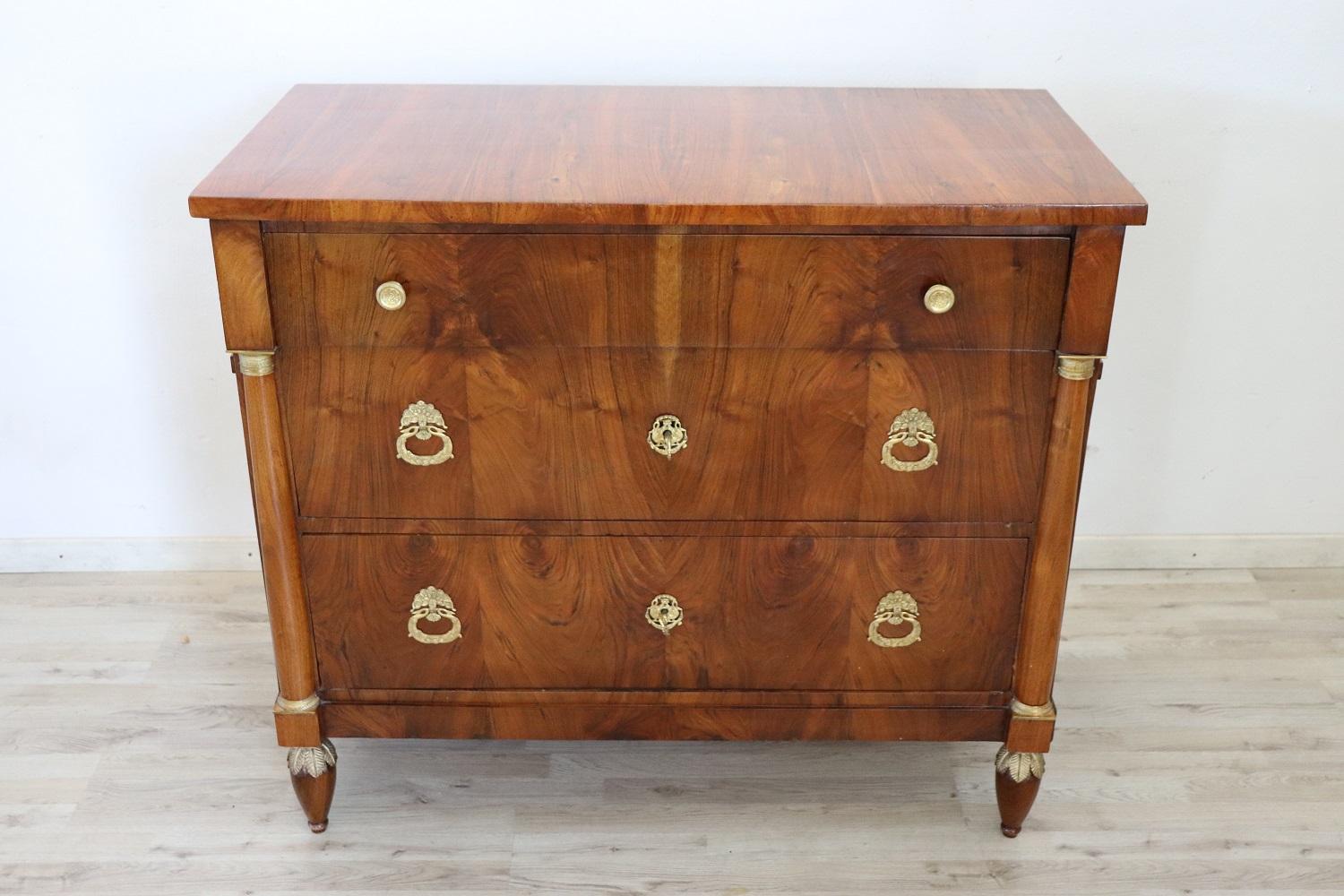 Italian 19th Century Empire Walnut Wood Commode or Chest of Drawers