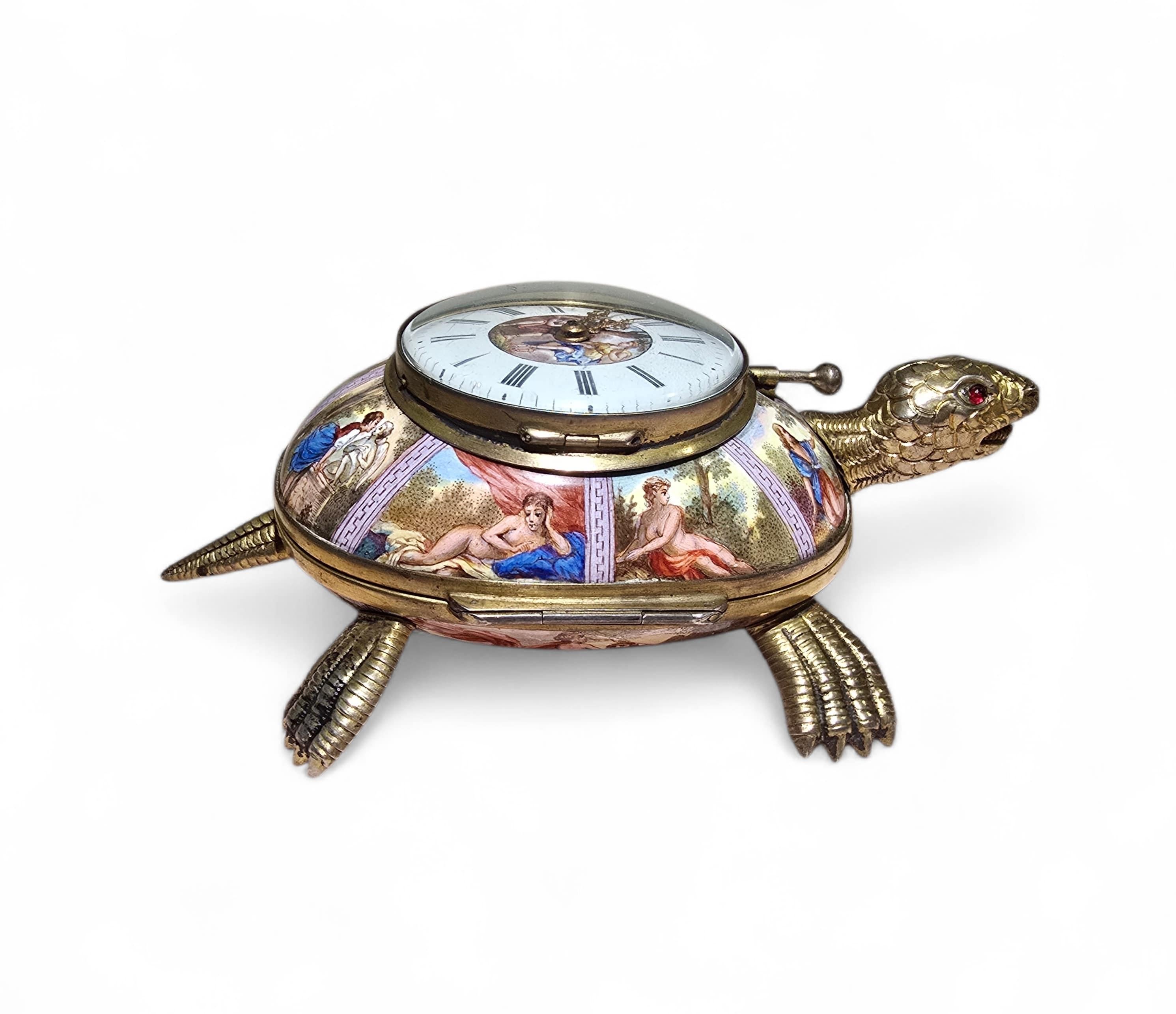 19th Century Enamel and Gilt Metal Tortoise-Shaped Repeater Clock with Mythologi For Sale