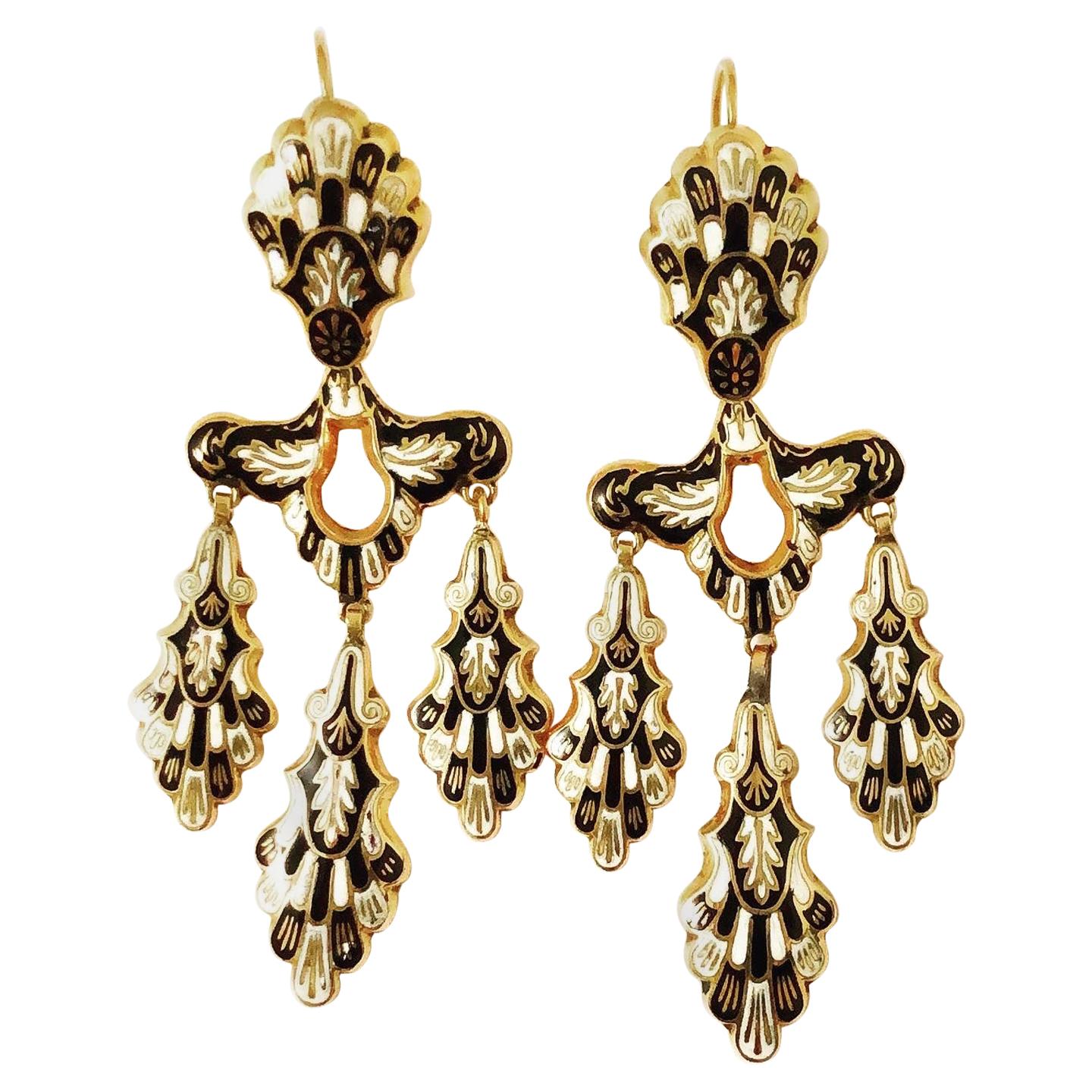 Victorian Enamel Girandole Chandelier Dangle Lever-Back 18k Gold Earrings
