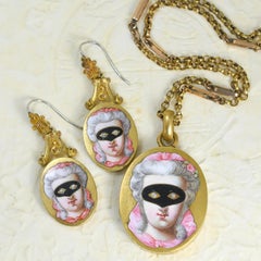 19th Century Enamel & Paste Masquerade Locket & Earrings Suite, Circa 1860