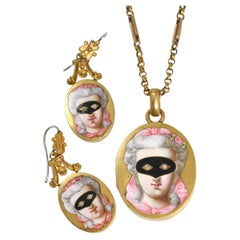 19th Century Enamel & Paste Masquerade Locket & Earrings Suite, Circa 1860