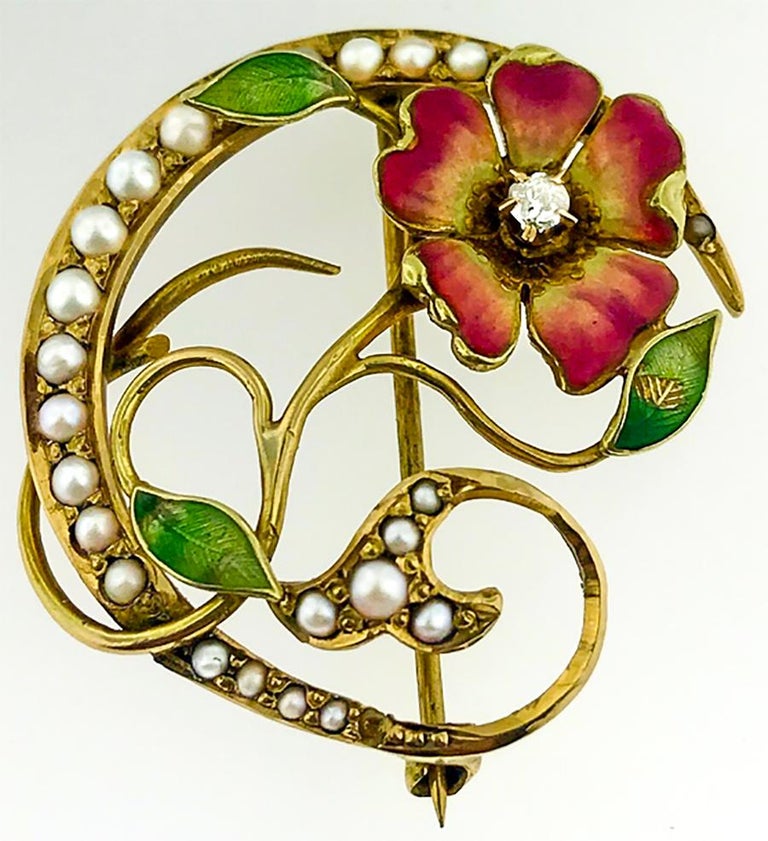 19th Century Enamel Pearl Art Nouveau Lotus Wild Flower Pin Pendant ...