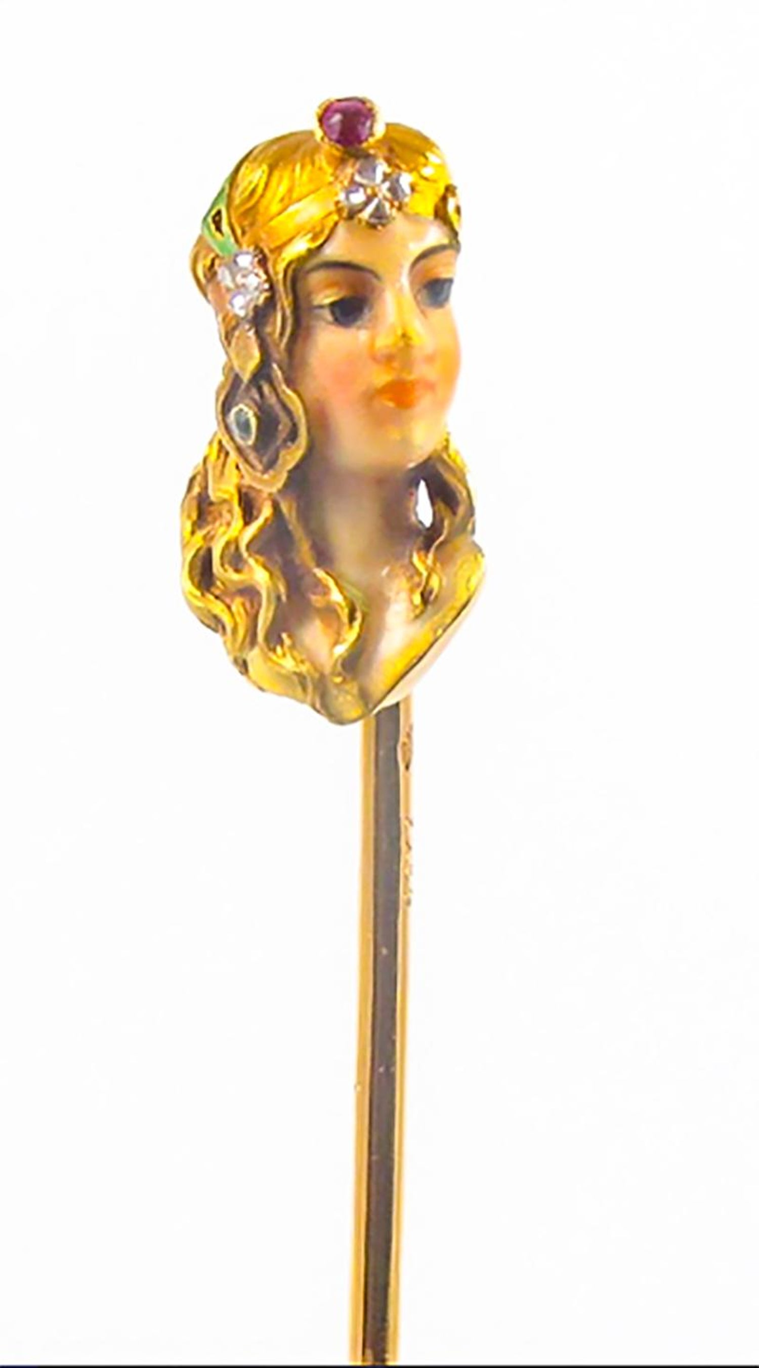19th Century Enamel Pearl Ruby Emerald Diamond Art Nouveau Lady Brooch  Stick Pin For Sale at 1stDibs