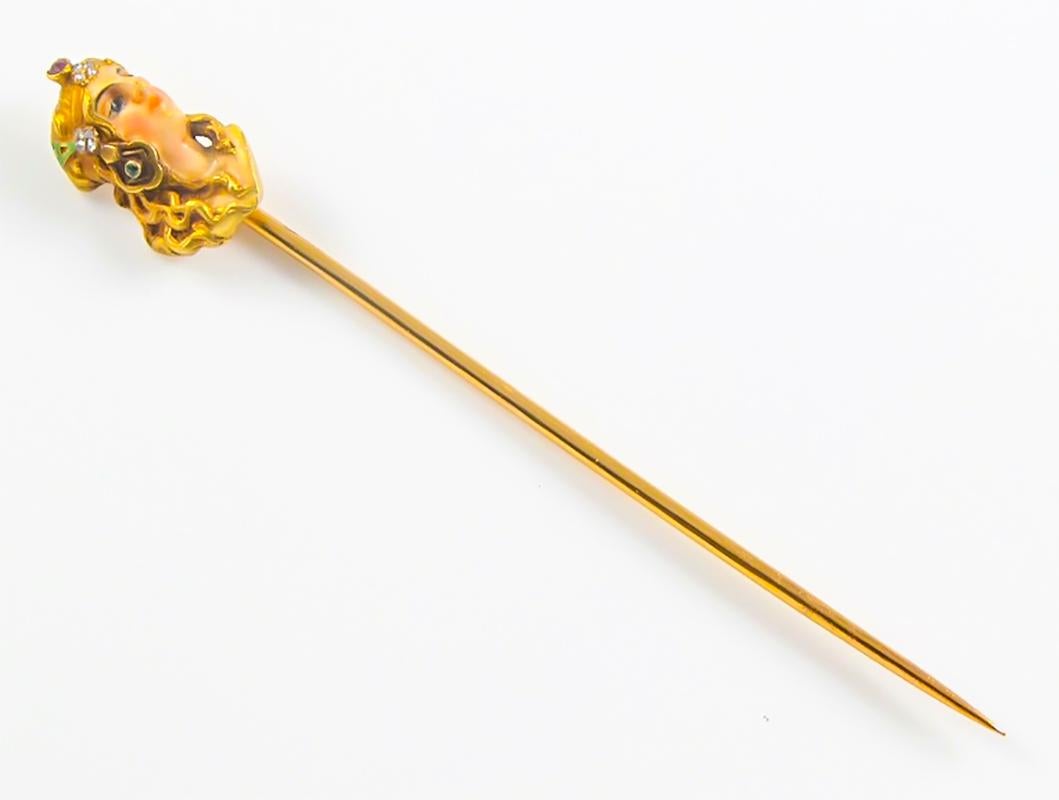 19th Century Enamel Pearl Ruby Emerald Diamond Art Nouveau Lady Brooch Stick Pin In Good Condition For Sale In New york, NY