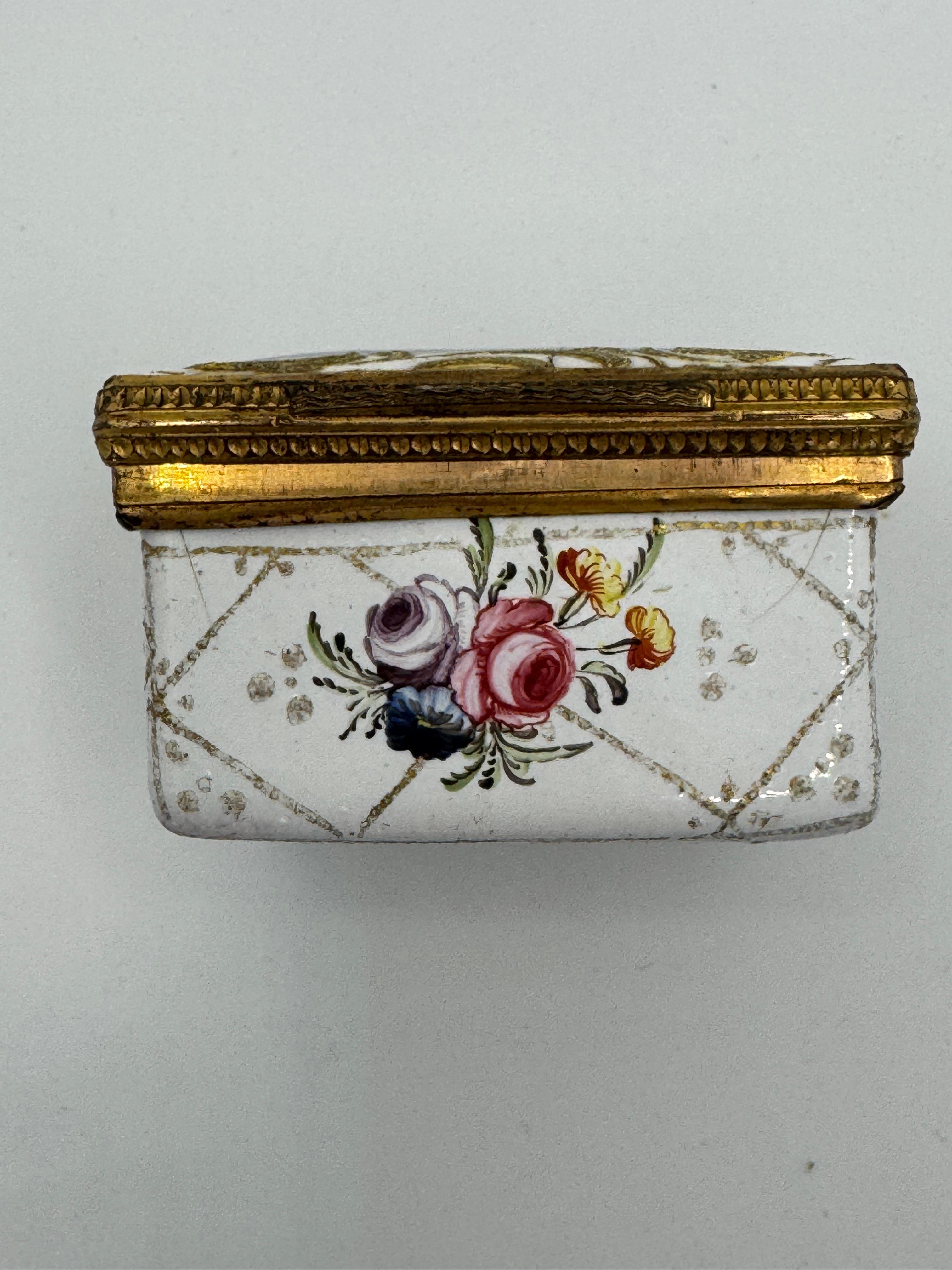 19th Century Enamel Rectangular Patch Box, pwhite with hand-painted floral motifs around edges and base, and a central scene depicting 3 you men fishing, a faded mirror inside and the inscription 'Point de Rogeur' indicating that this is possibly of