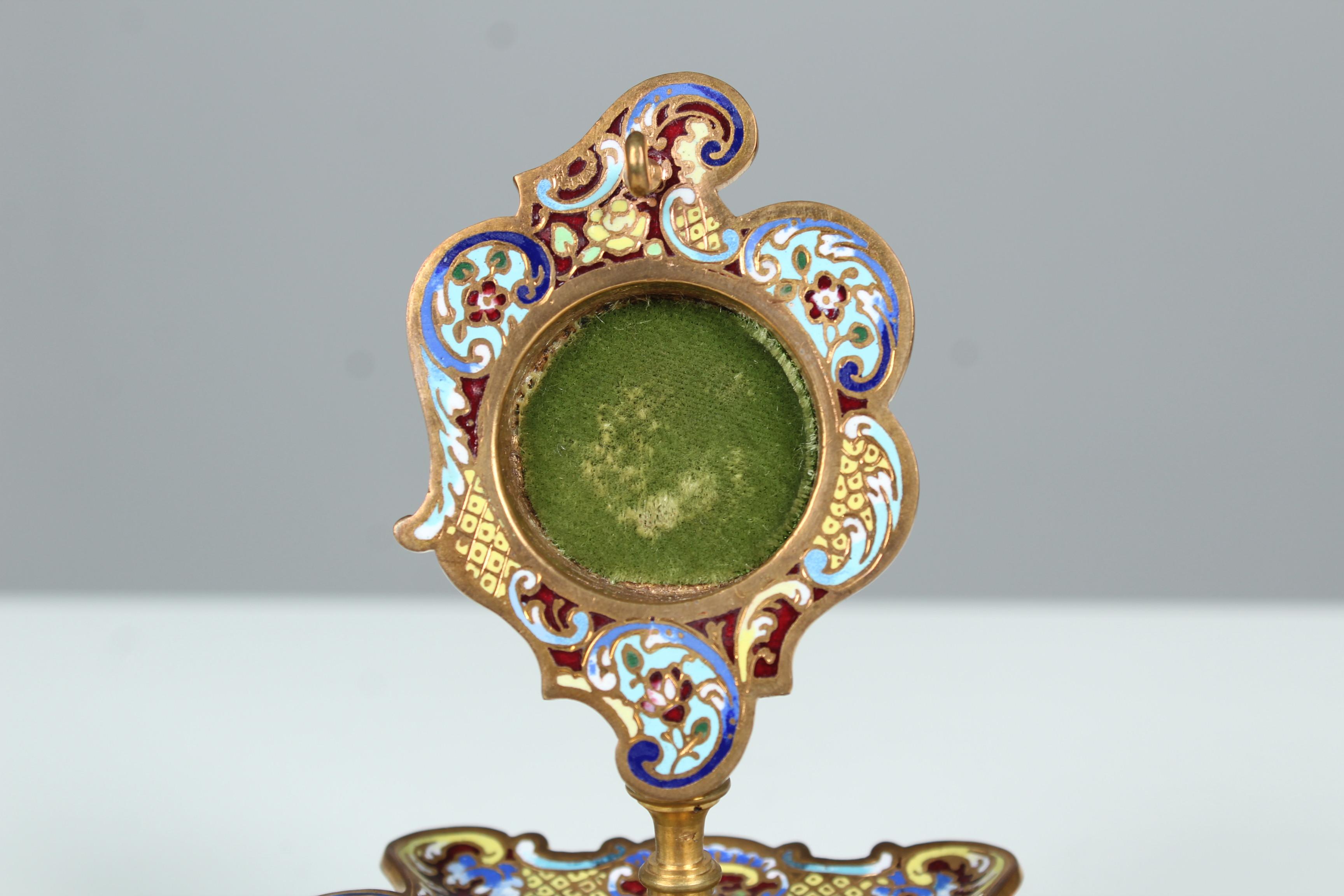Brass 19th Century Enameled Pocket Watch Stand, Jewelry Stand, France, Circa 1880 For Sale