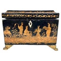 19th Century England Regency Chinoiserie Black Lacquer Tea Caddy