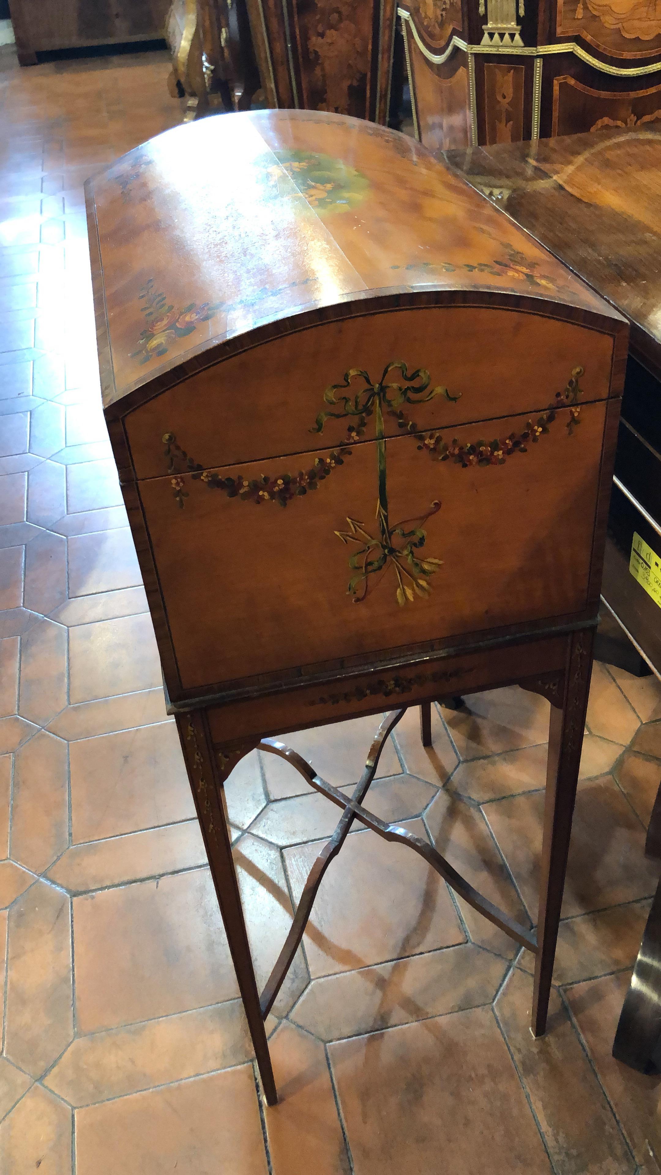Dome top work box it is a rare piece in Satinwood, late Victorian period, hand painted...superb a Sheraton Revival, a revival that looks original for its superb workmanship, done superlatively. The paintings are in exceptional condition and of great