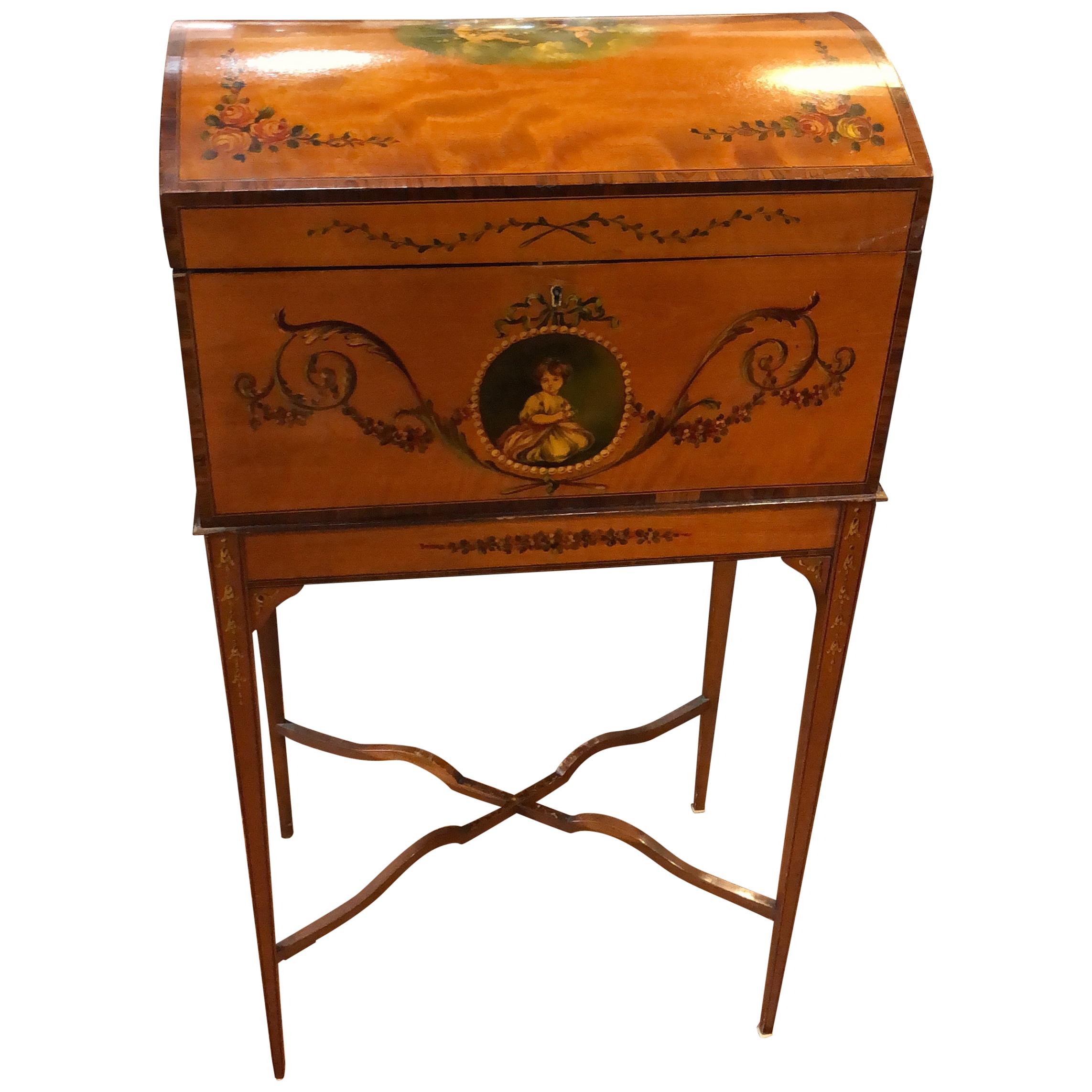 19th Century England Victorian Satinwood Wood Painted Dome Top Work Box, 1880s For Sale