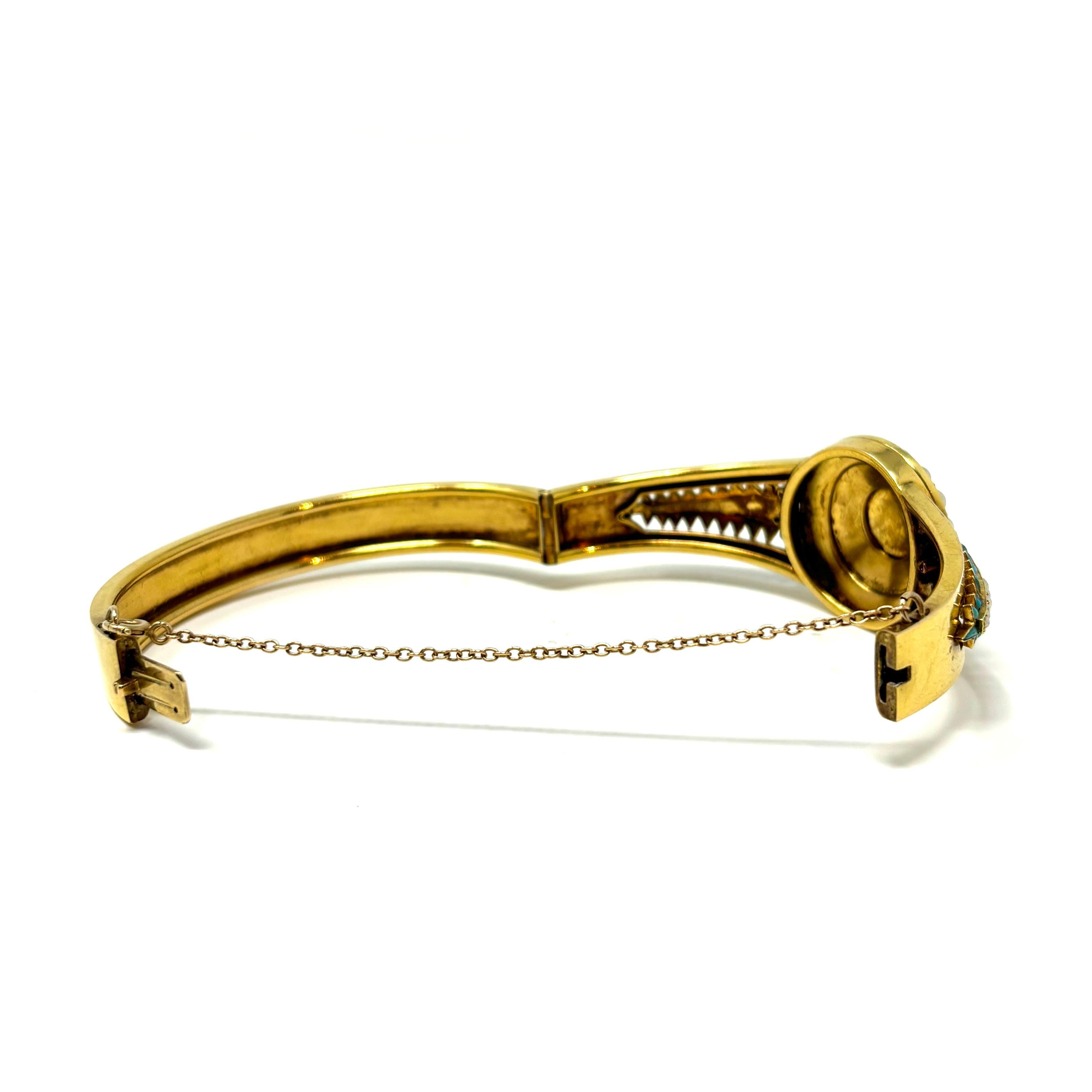 da uomo o donna Bangle inglese del XIX secolo in oro 15 carati con turchese persiano, perle e diamanti in vendita