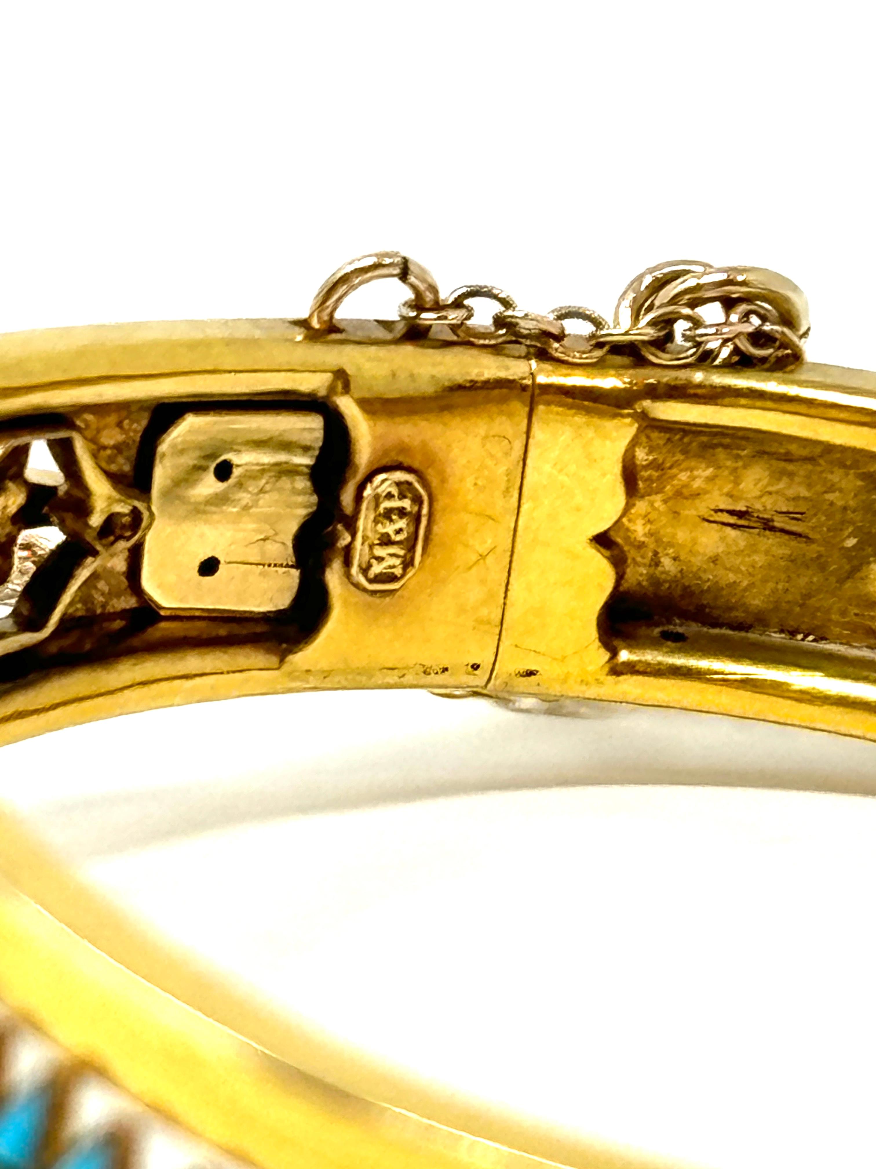 Bangle inglese del XIX secolo in oro 15 carati con turchese persiano, perle e diamanti in vendita 1