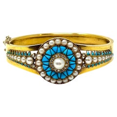 19th Century English 15 Carat Gold Persian Turquoise, Pearl and Diamond Bangle