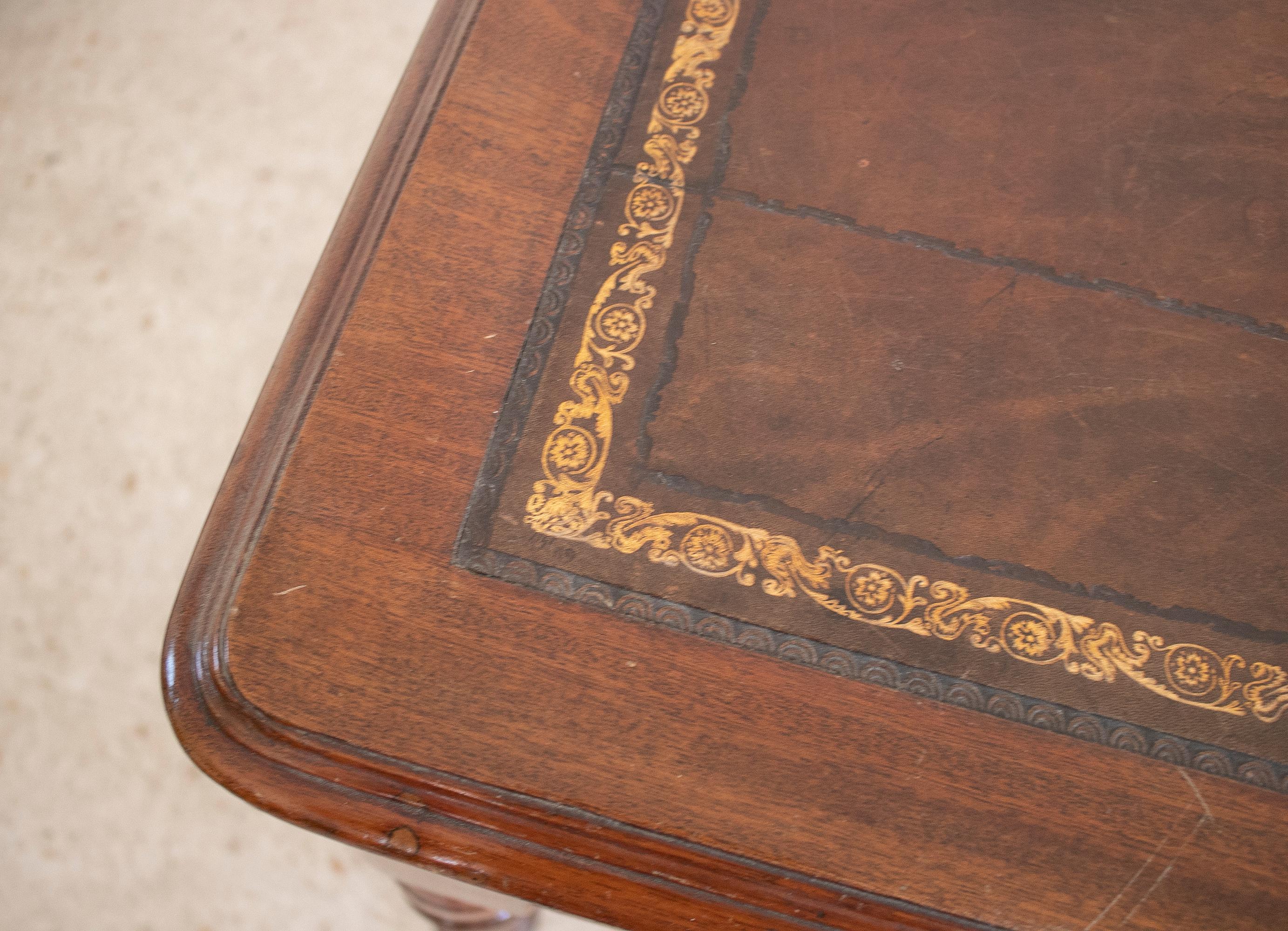 19th Century English 2-Drawer Leather Top Bureau Desk w/ Bronze Wheels 7