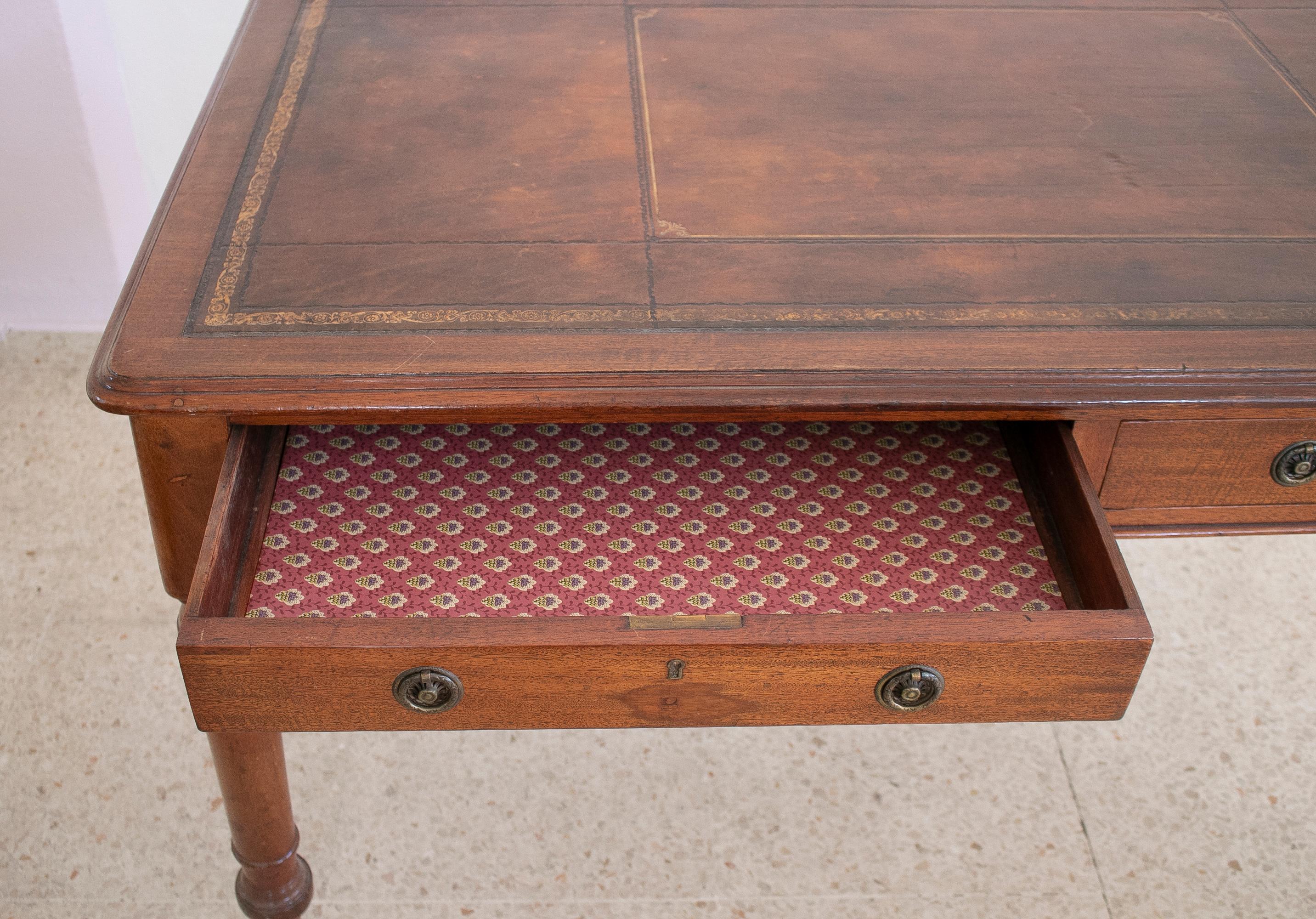 19th Century English 2-Drawer Leather Top Bureau Desk w/ Bronze Wheels 8