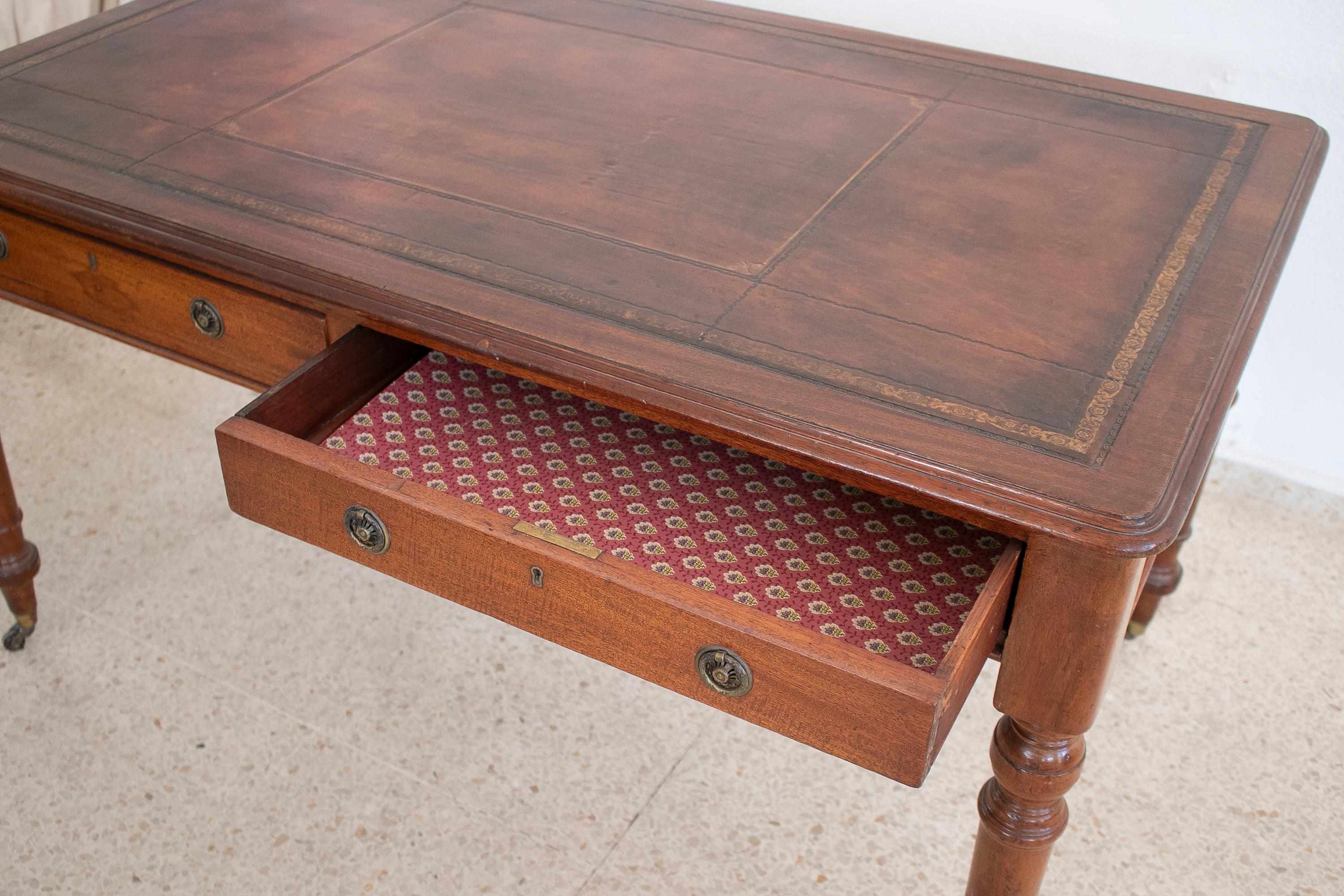 19th Century English 2-Drawer Leather Top Bureau Desk w/ Bronze Wheels 9